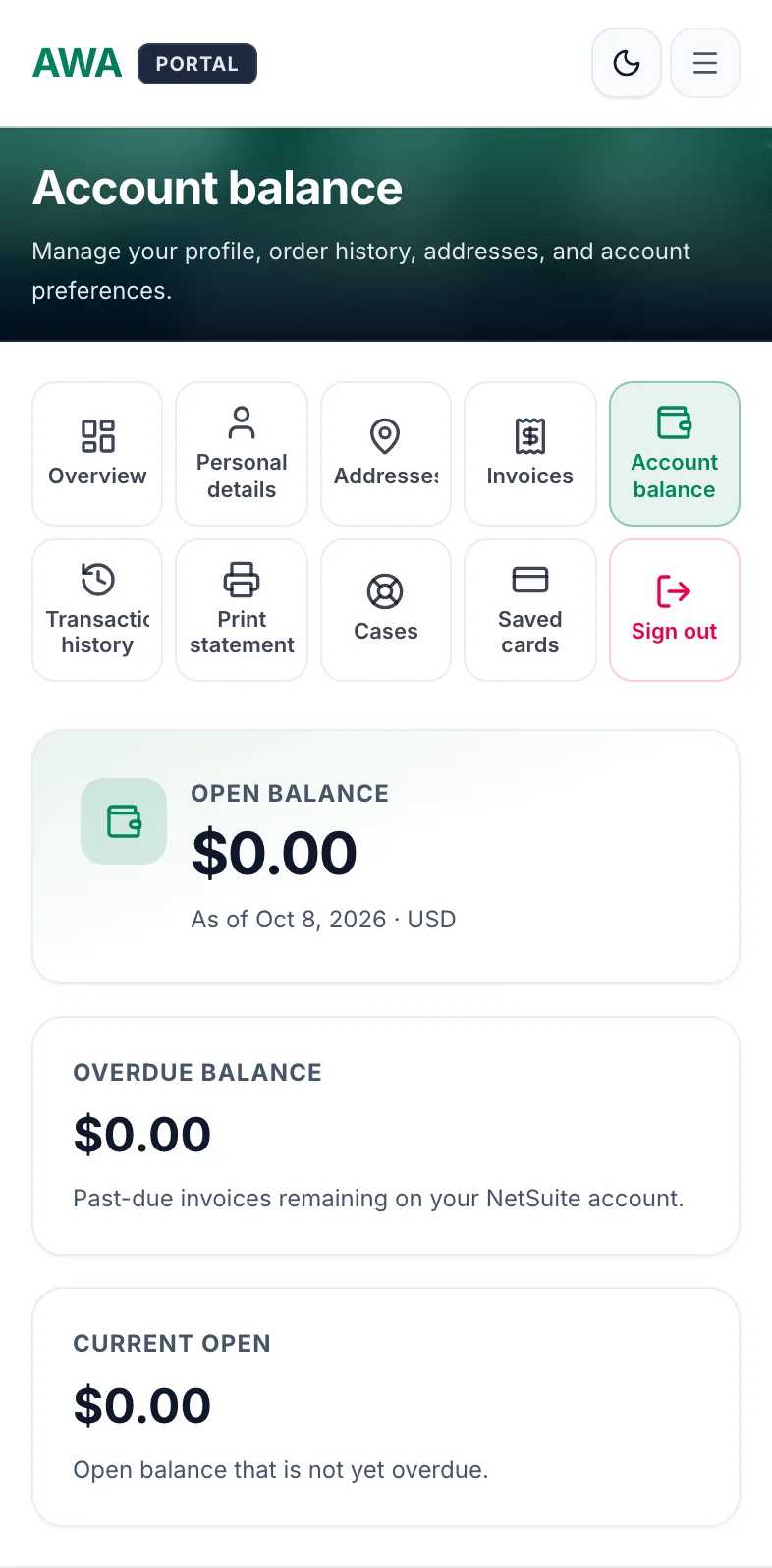 Account balance with overdue amounts on mobile