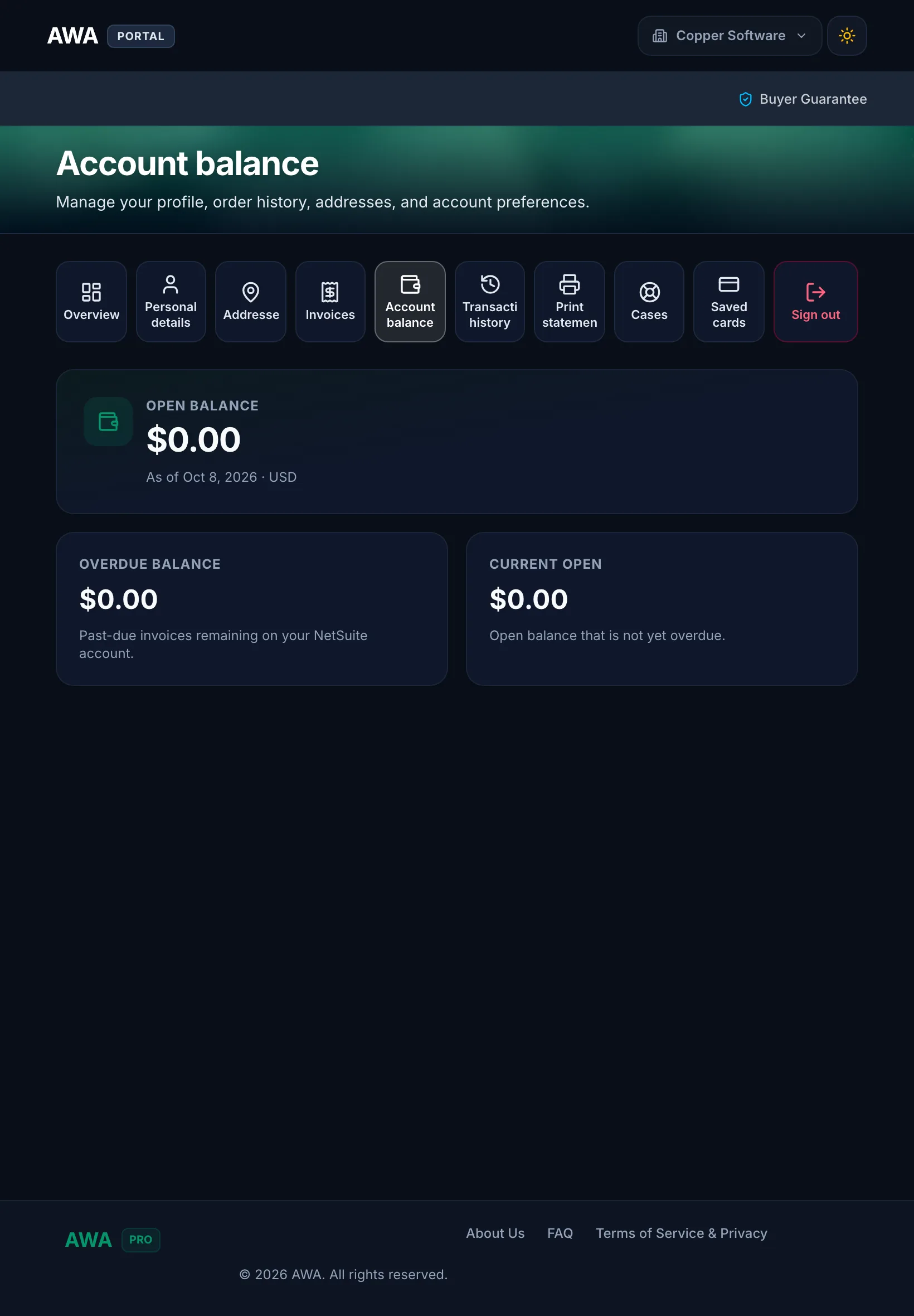 Account balance with overdue amounts on tablet in dark mode