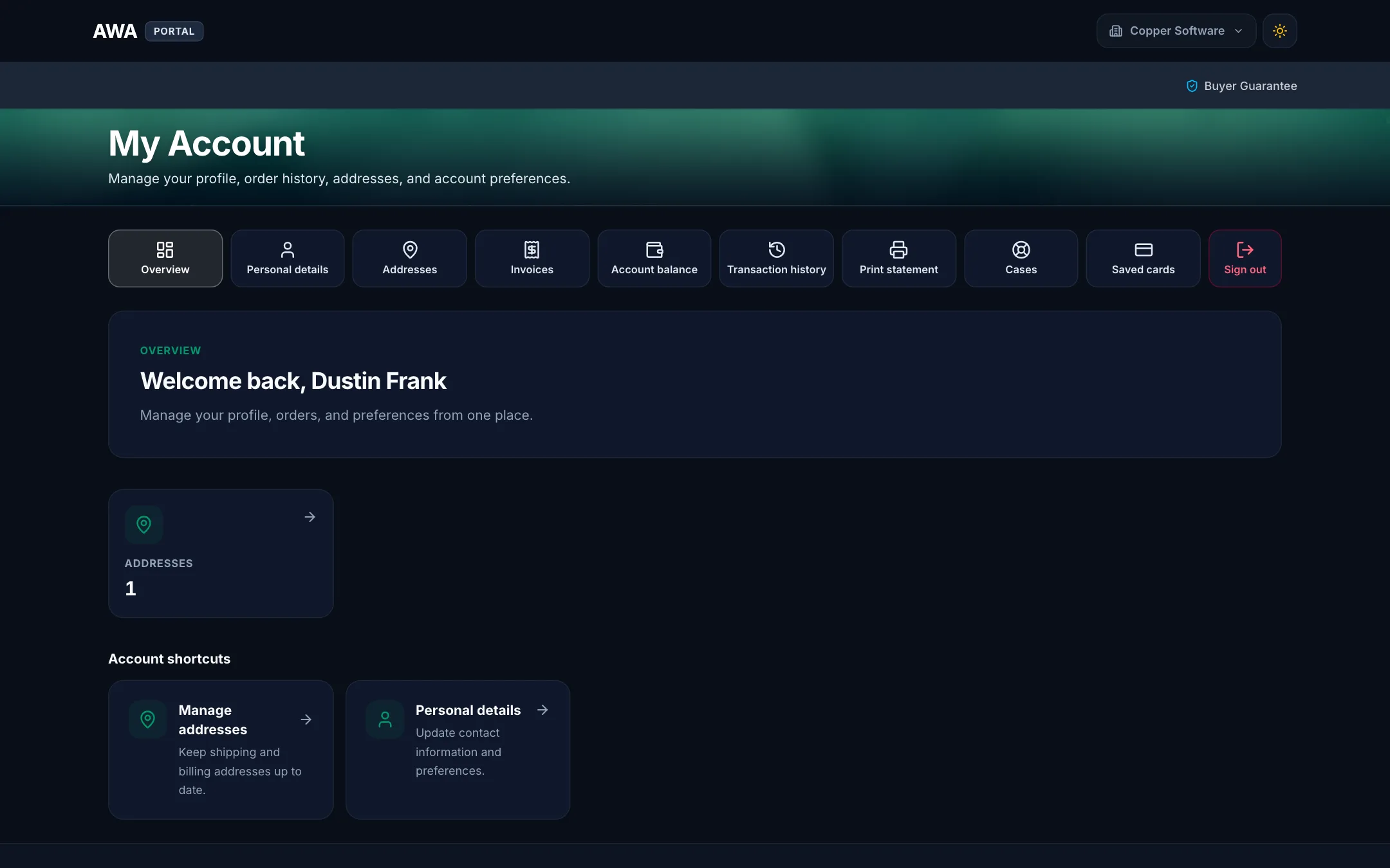 Customer portal account overview on desktop in dark mode