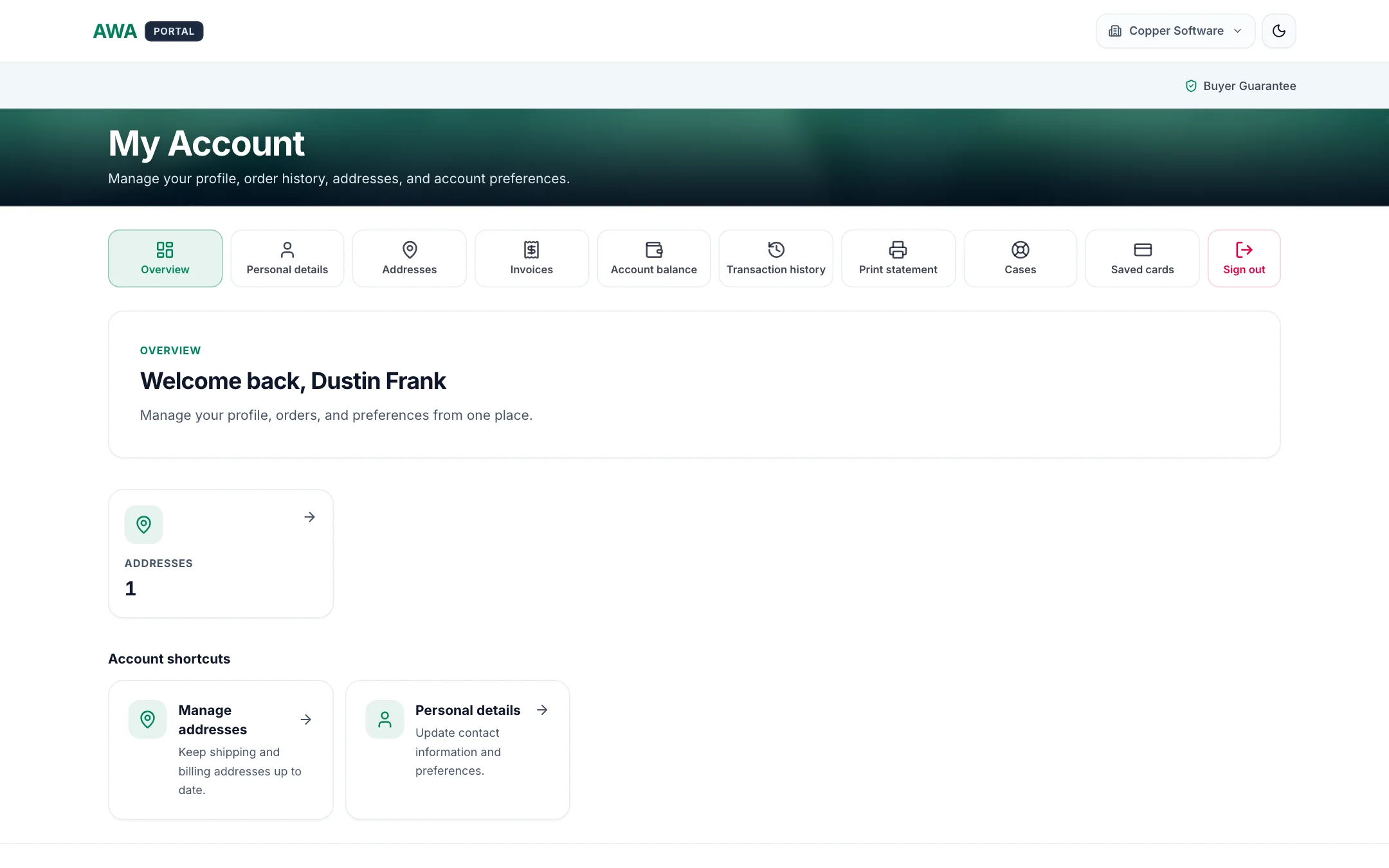 Customer portal account overview on desktop