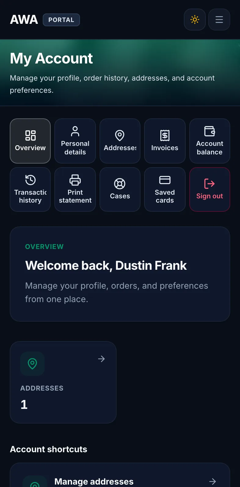 Customer portal account overview on mobile in dark mode