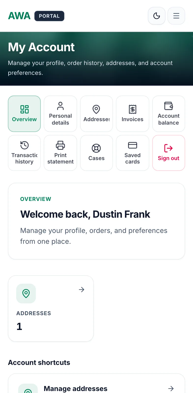 Customer portal account overview on mobile