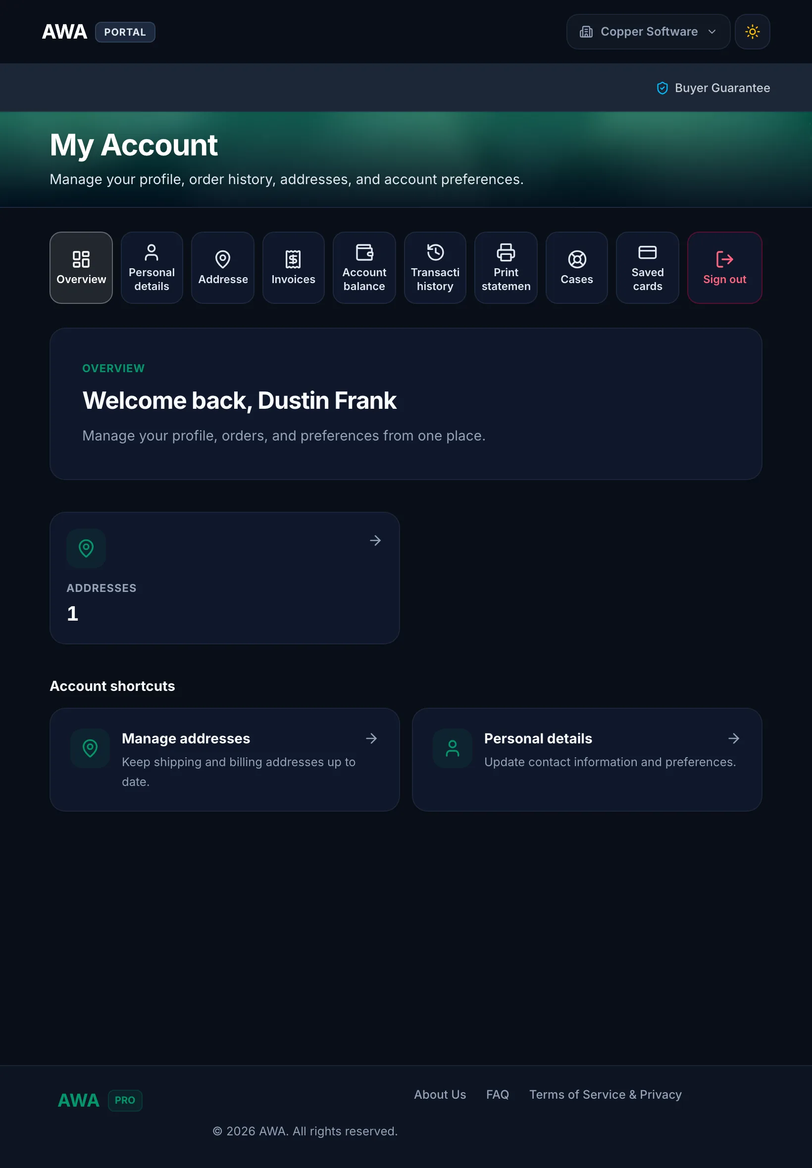 Customer portal account overview on tablet in dark mode