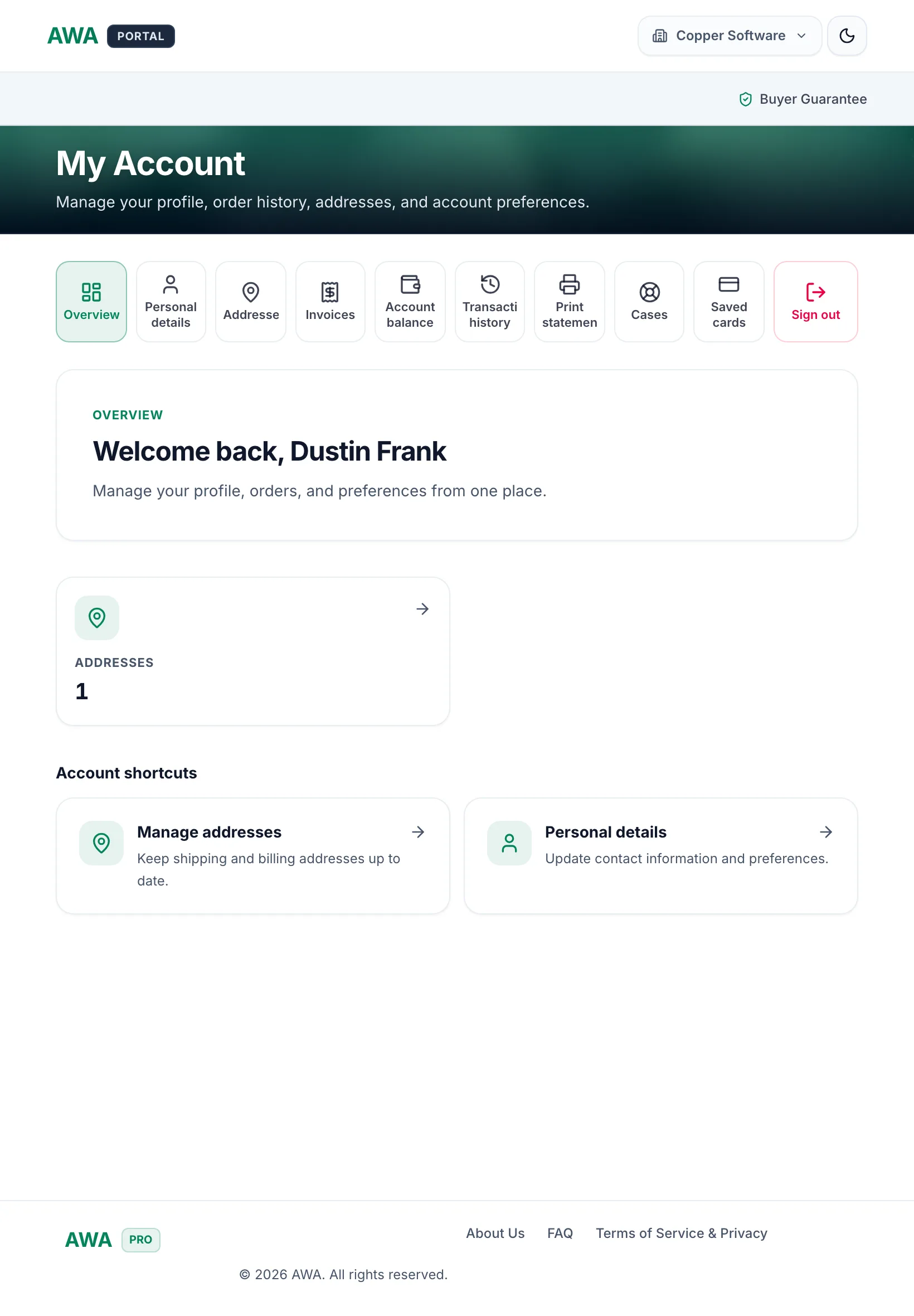 Customer portal account overview on tablet
