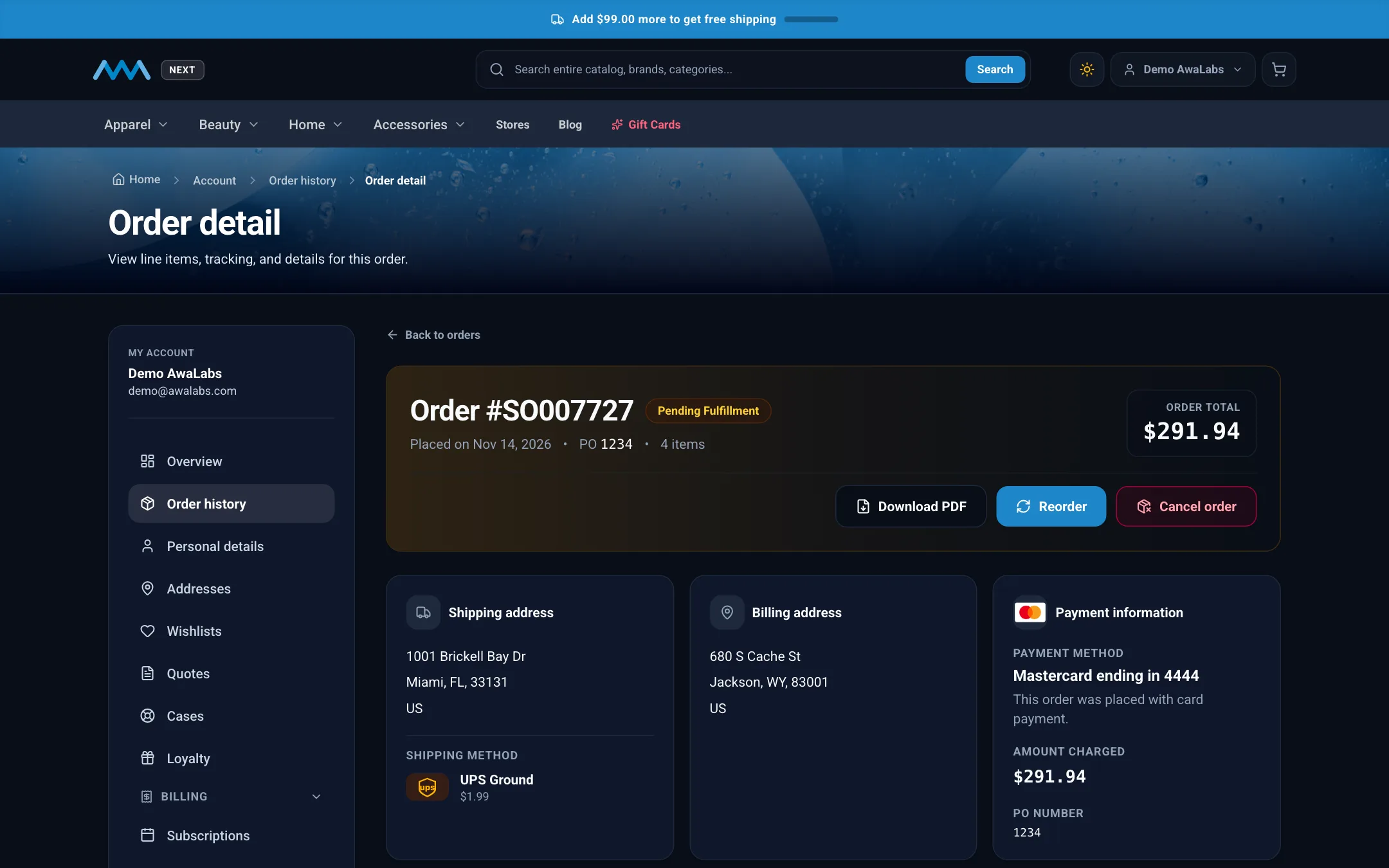 Order detail with shipping progress and cancel order on desktop in dark mode
