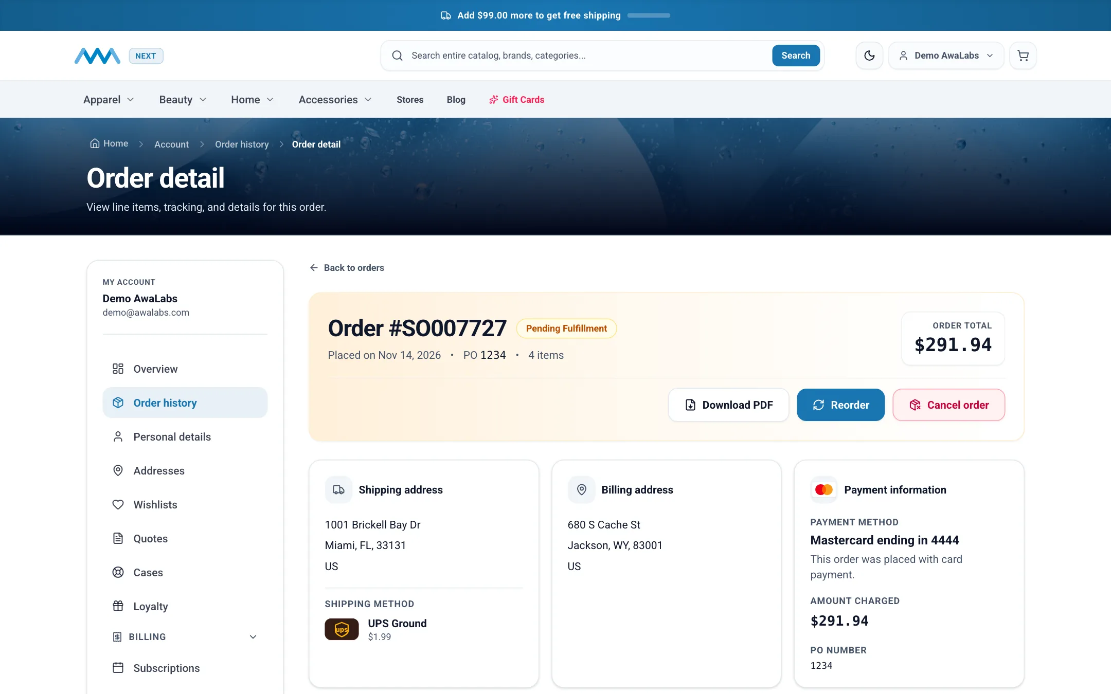 Order detail with shipping progress and cancel order on desktop
