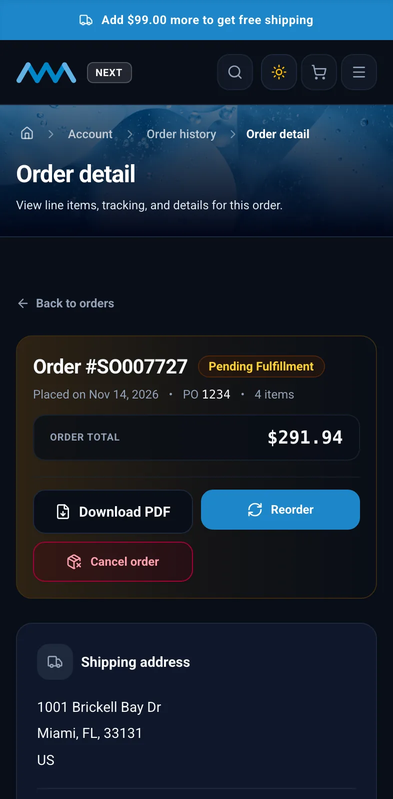 Order detail with shipping progress and cancel order on mobile in dark mode