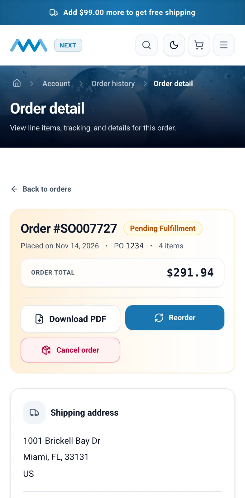 Order detail with shipping progress and cancel order on mobile
