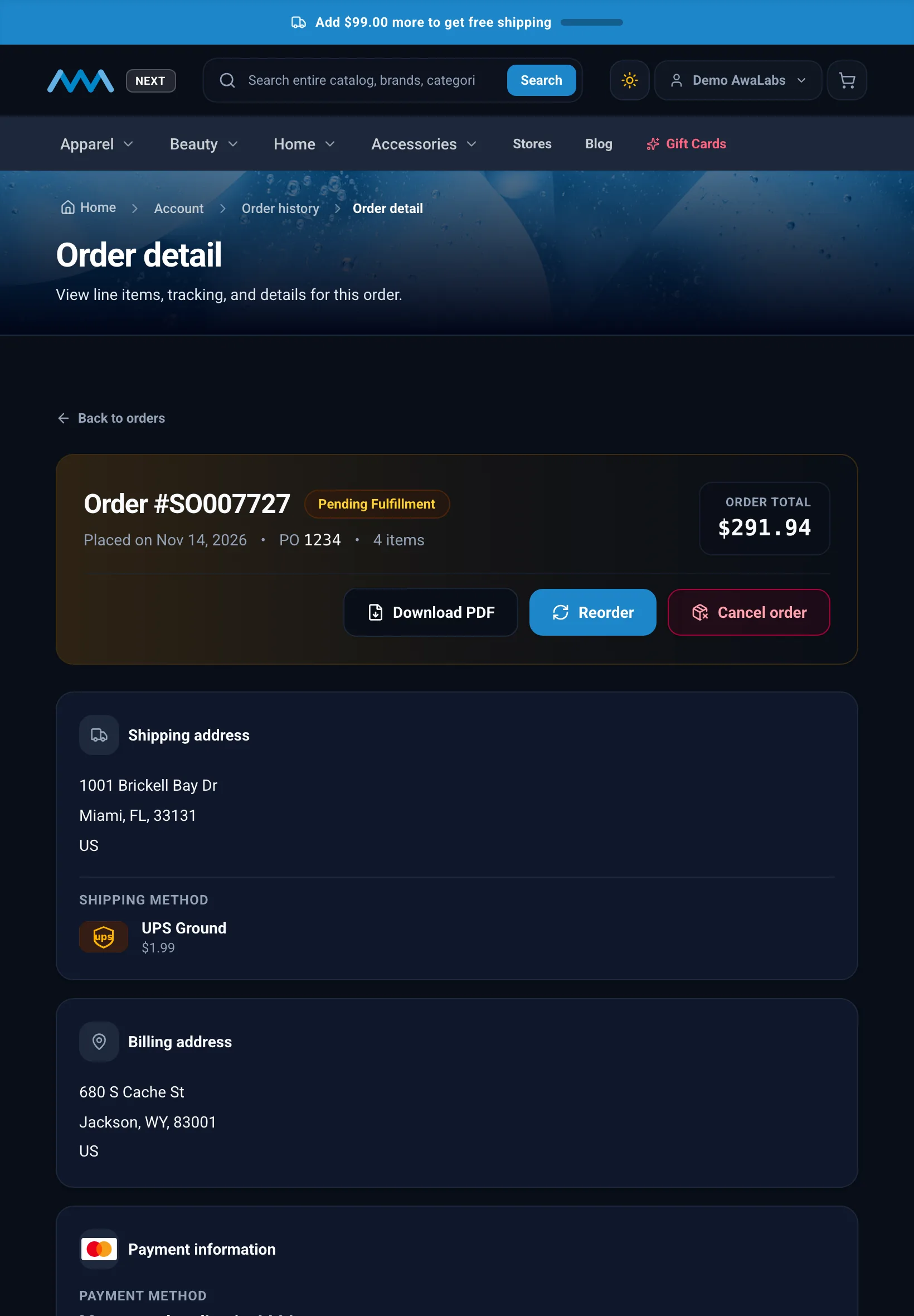 Order detail with shipping progress and cancel order on tablet in dark mode