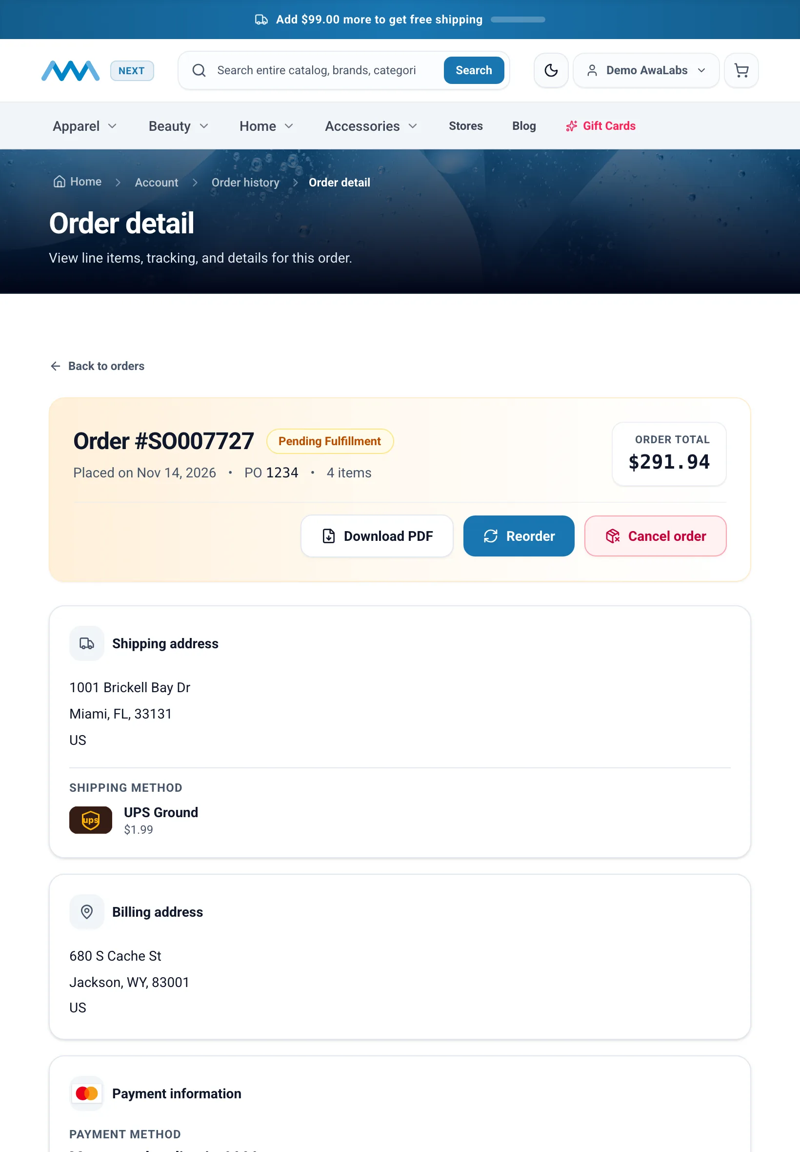 Order detail with shipping progress and cancel order on tablet