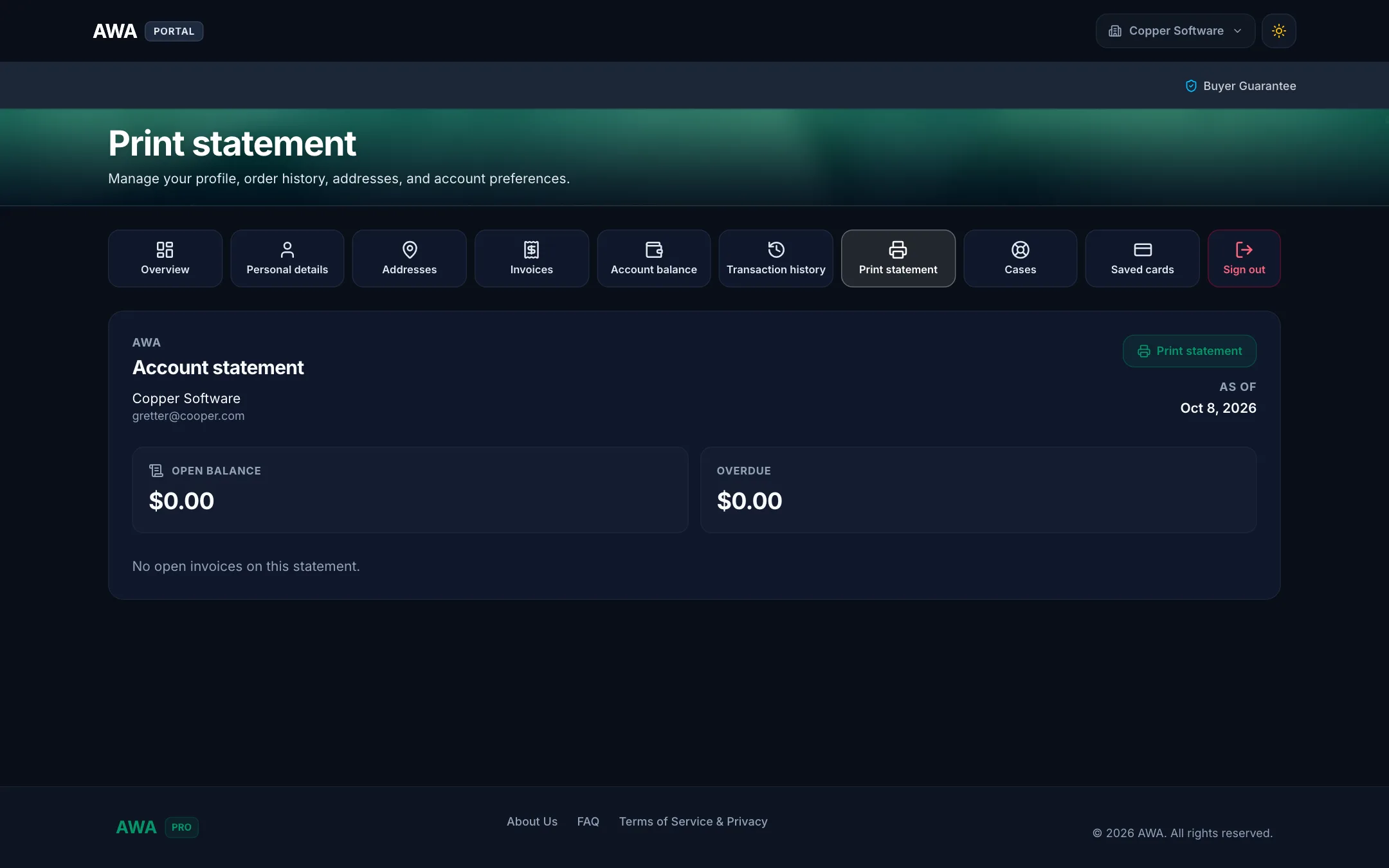 Printable statement of open invoices on desktop in dark mode