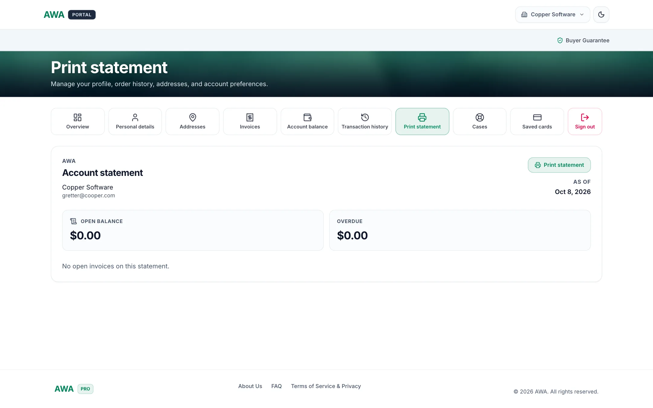 Printable statement of open invoices on desktop