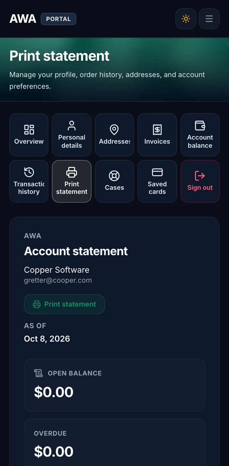 Printable statement of open invoices on mobile in dark mode
