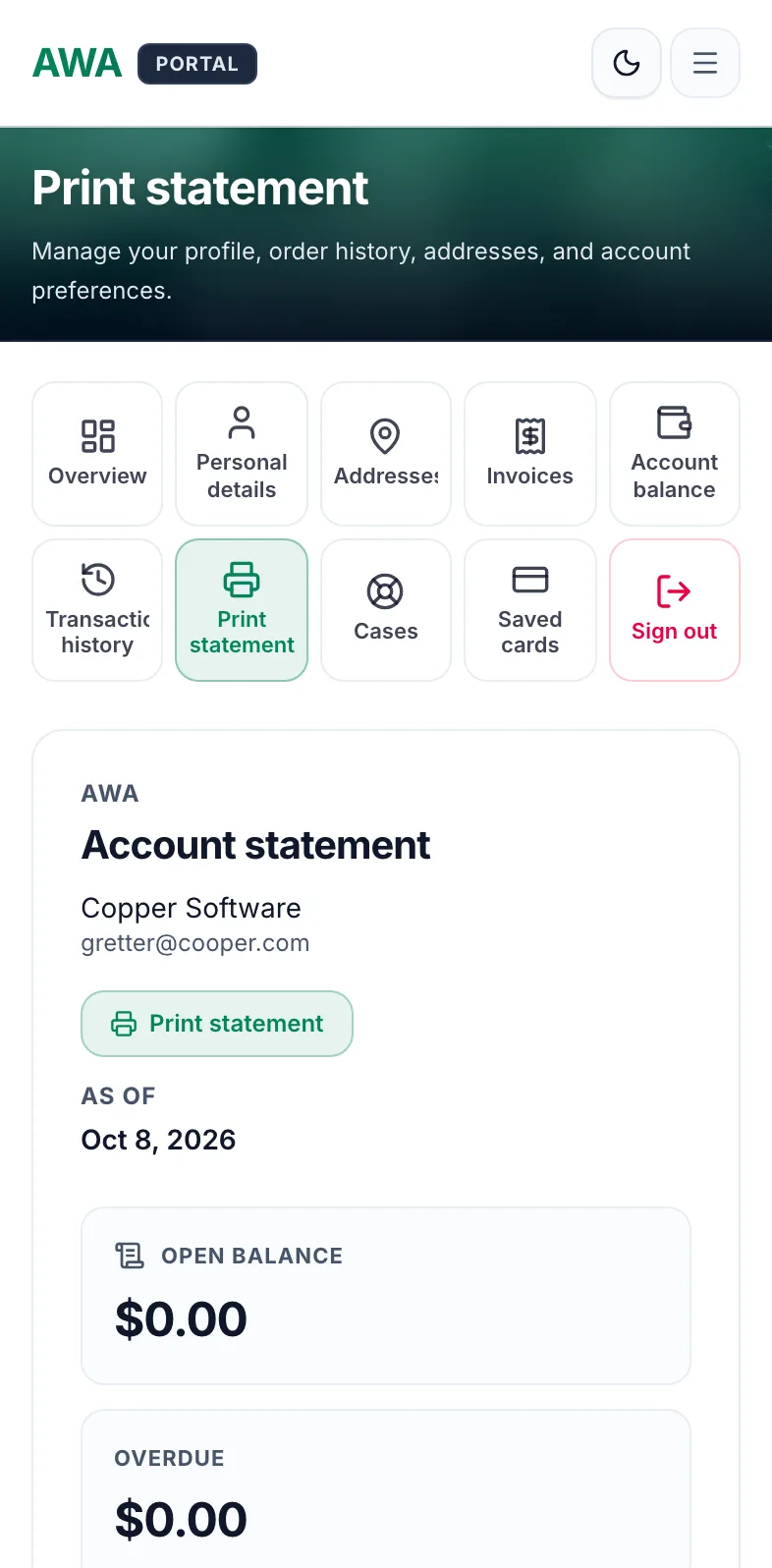 Printable statement of open invoices on mobile