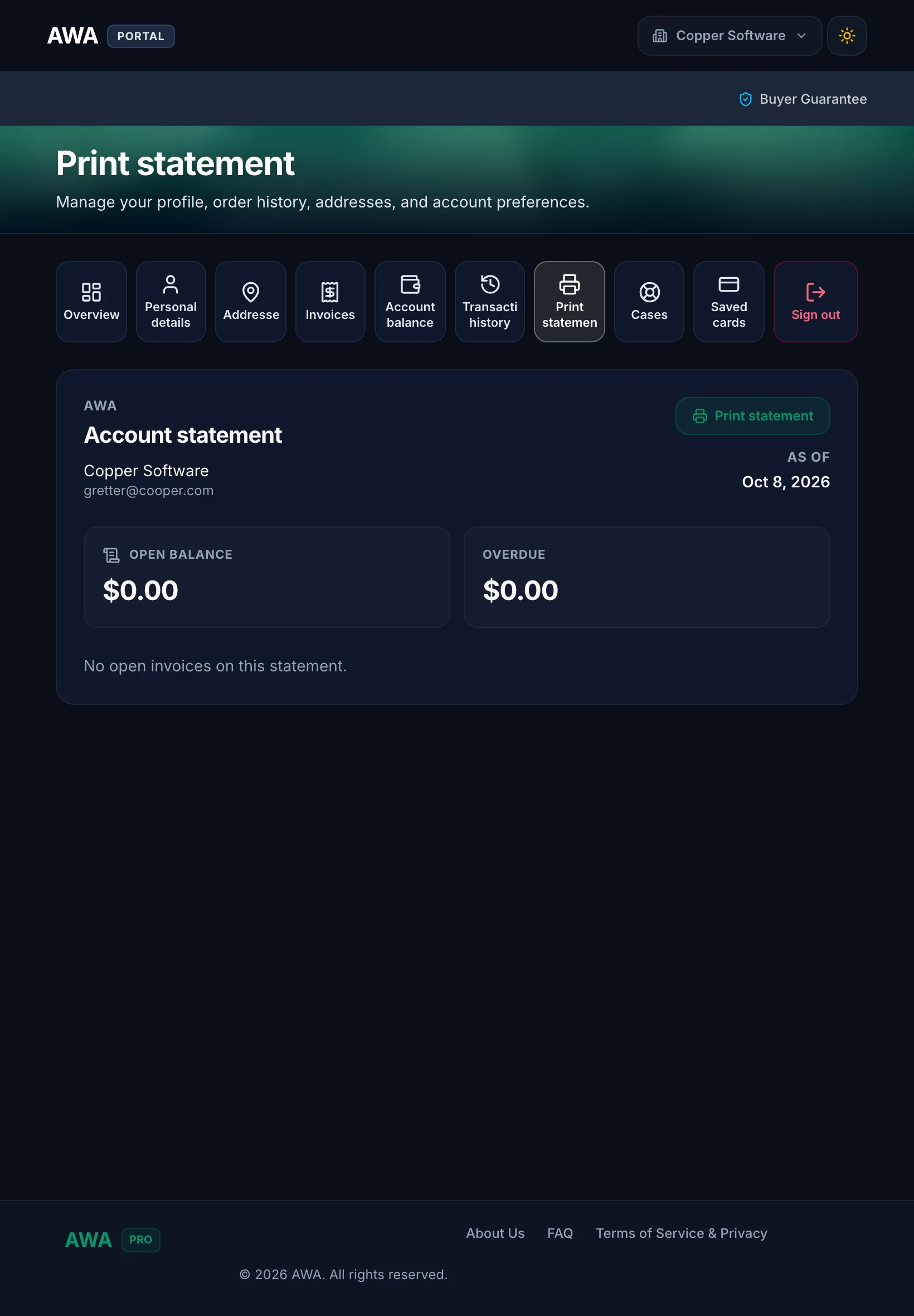 Printable statement of open invoices on tablet in dark mode