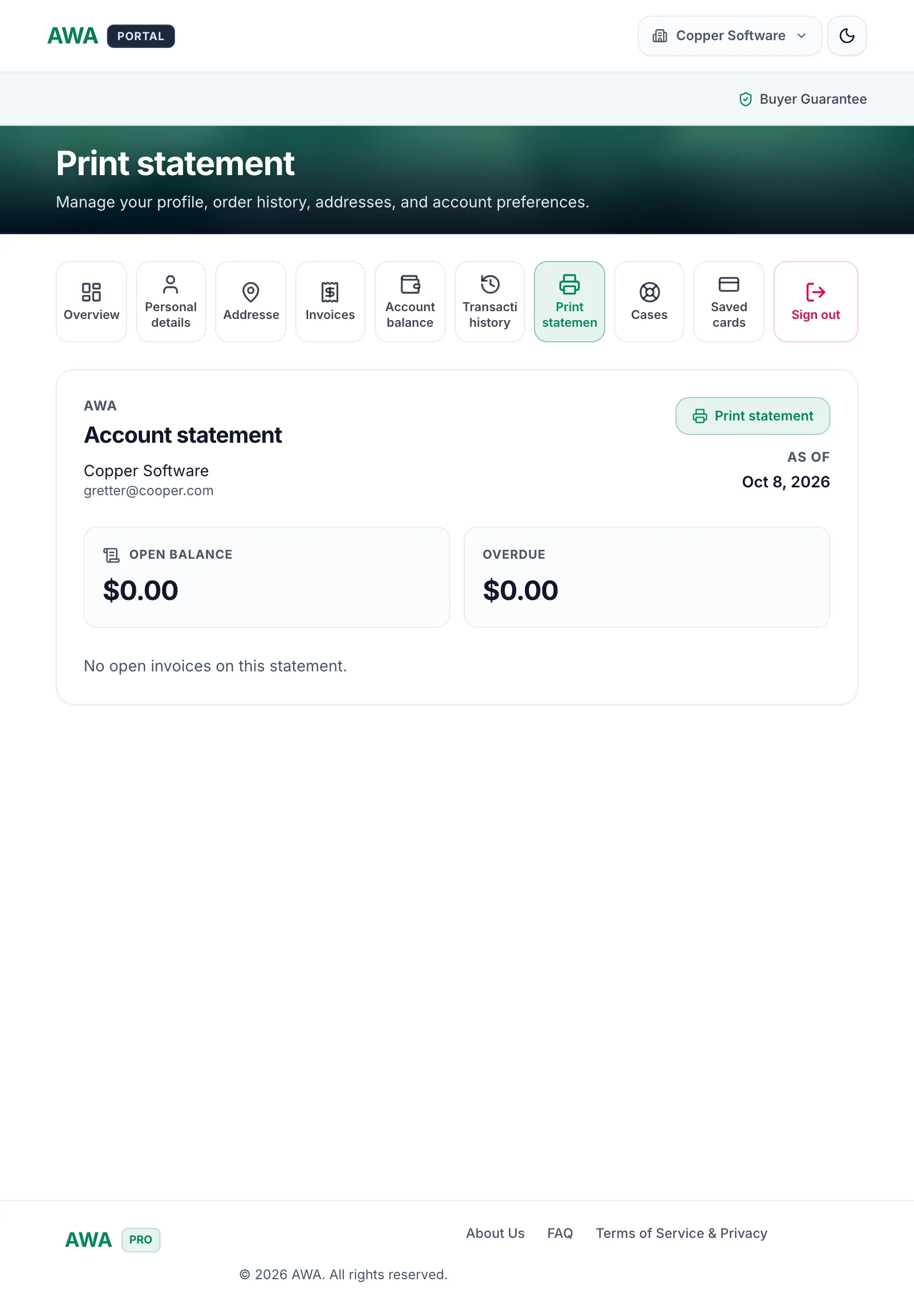 Printable statement of open invoices on tablet