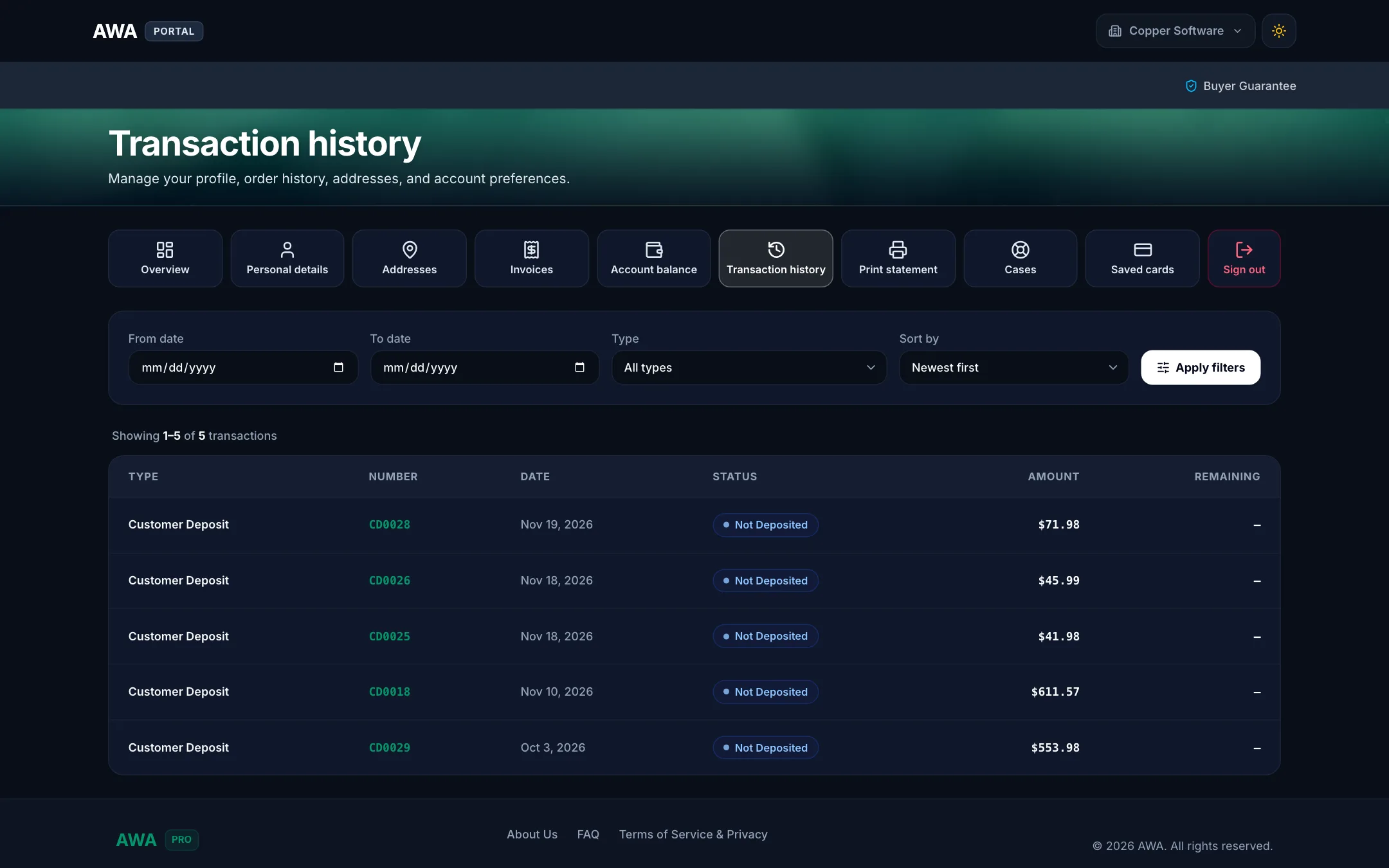 Transaction history list on desktop in dark mode