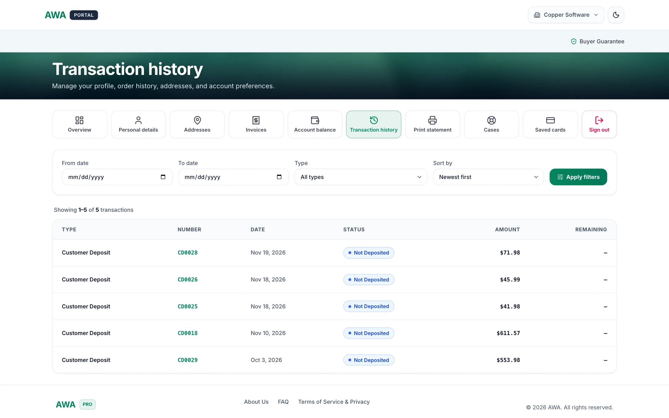 Transaction history list on desktop