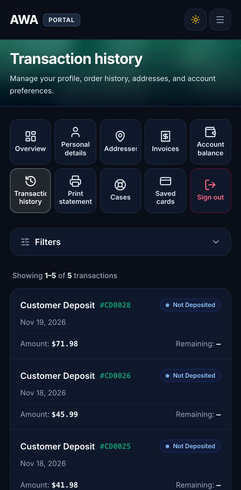 Transaction history list on mobile in dark mode
