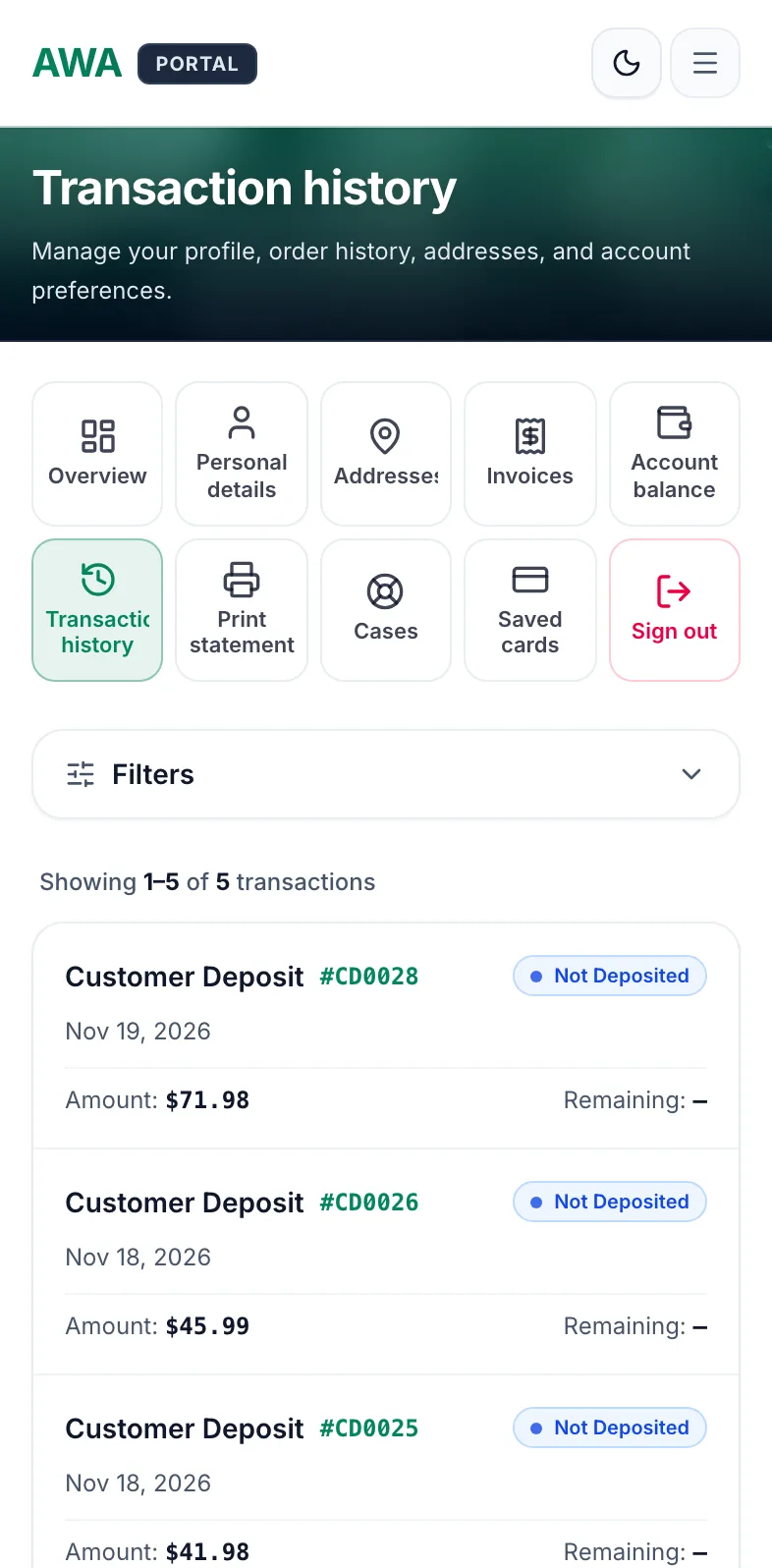 Transaction history list on mobile