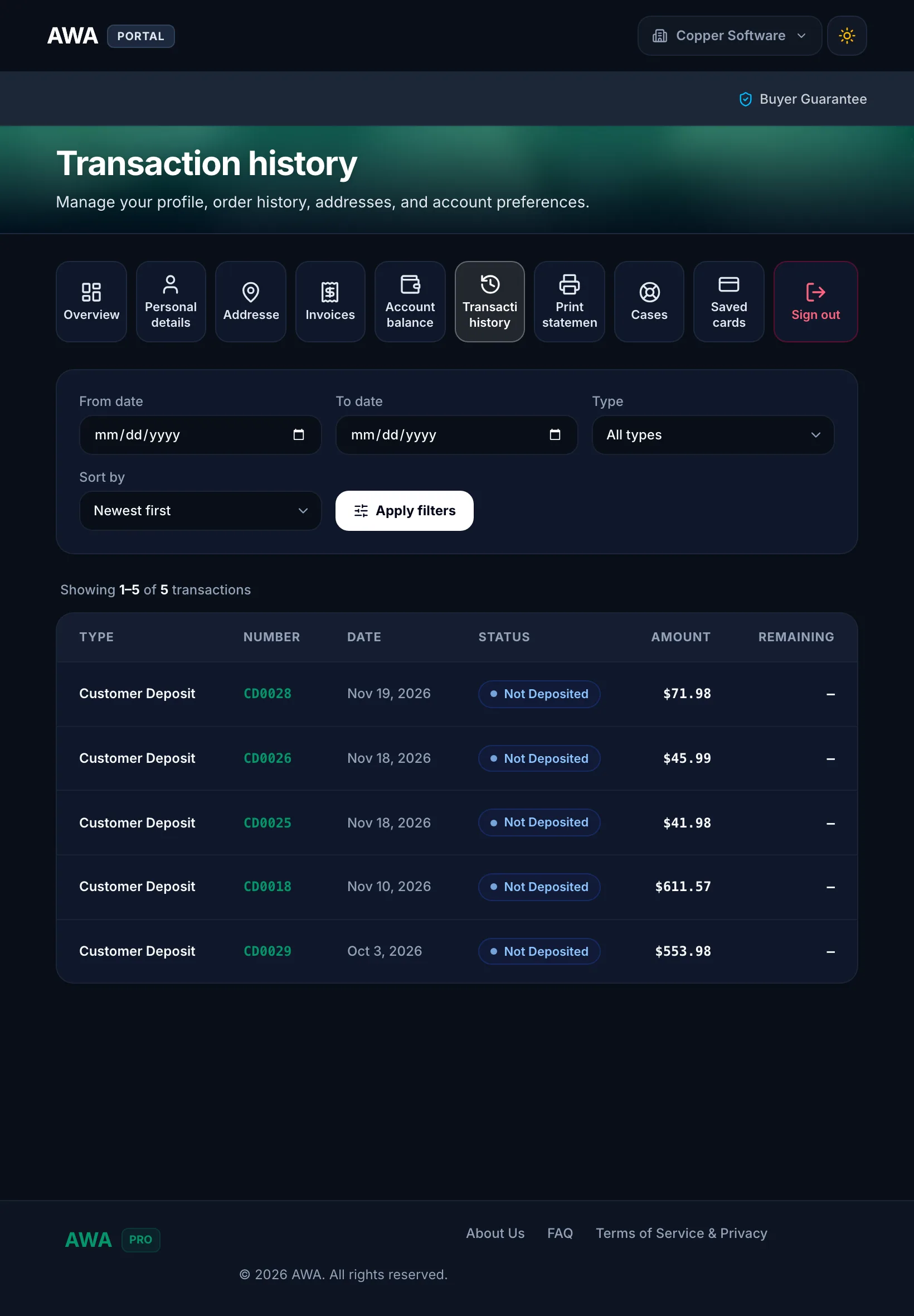 Transaction history list on tablet in dark mode