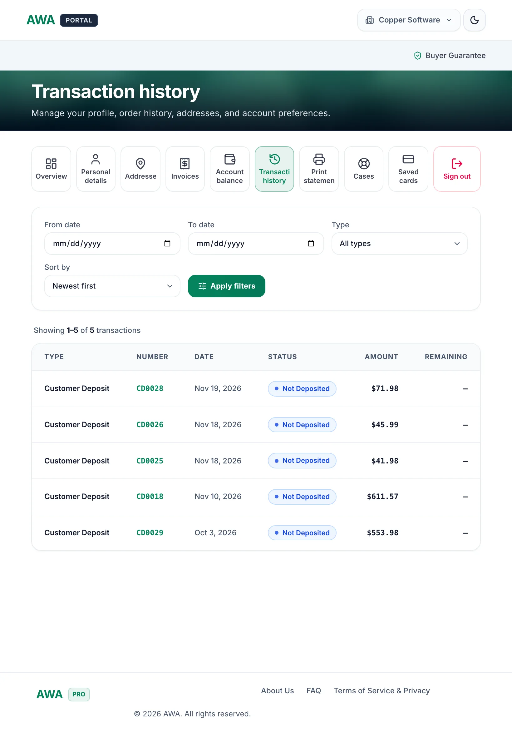 Transaction history list on tablet