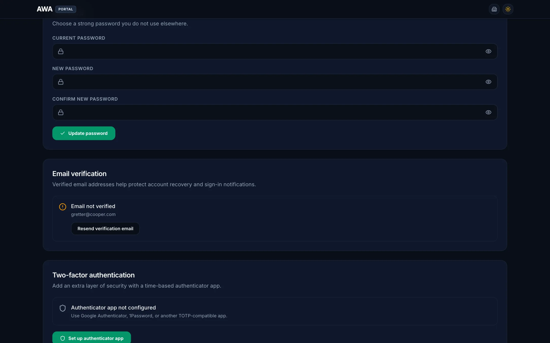 Account security with email verification and authenticator app setup on desktop in dark mode