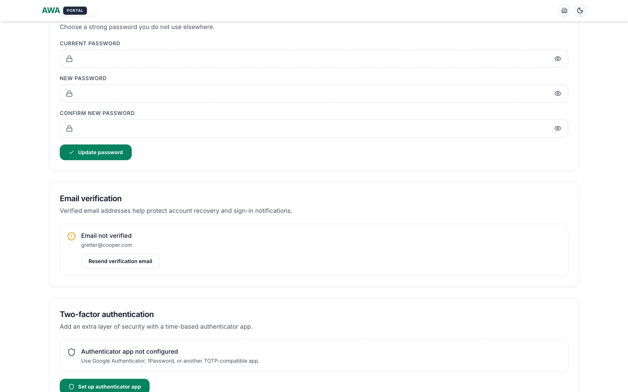 Account security with email verification and authenticator app setup on desktop