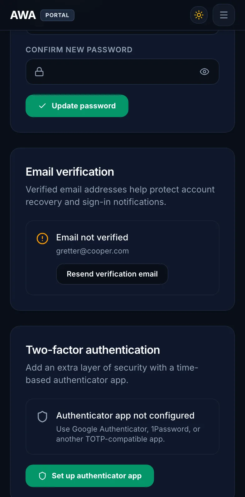Account security with email verification and authenticator app setup on mobile in dark mode