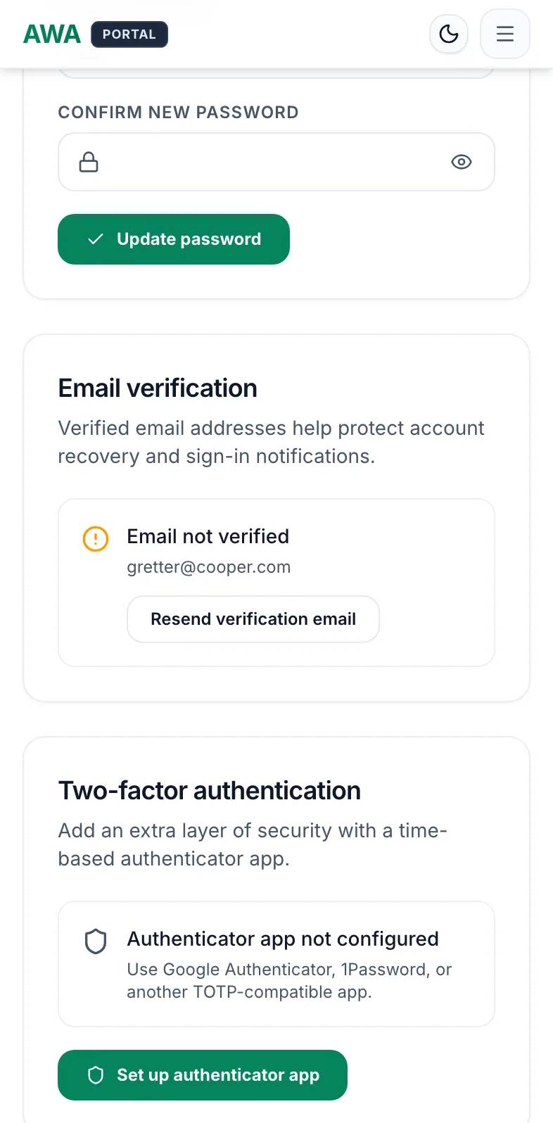 Account security with email verification and authenticator app setup on mobile