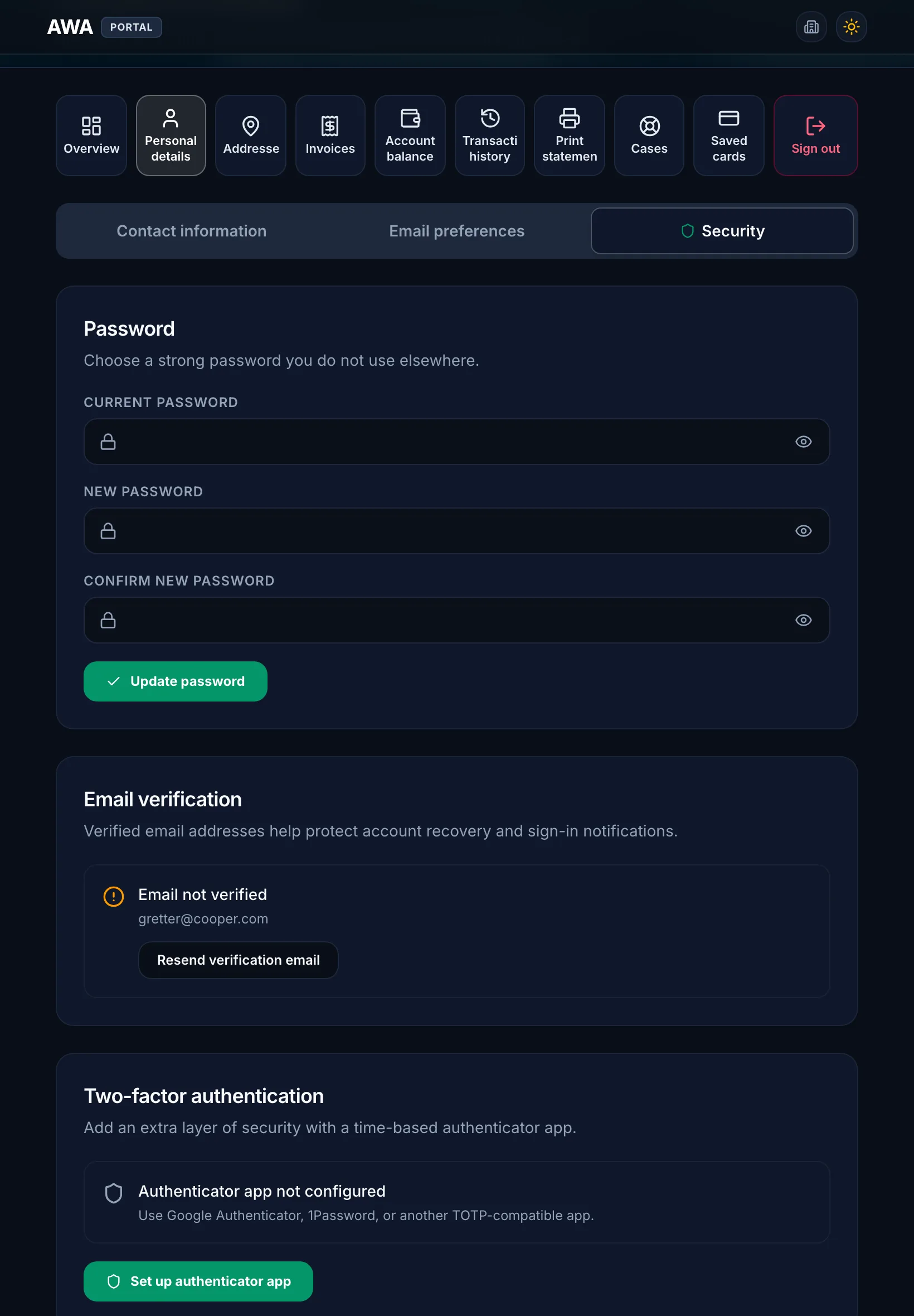 Account security with email verification and authenticator app setup on tablet in dark mode