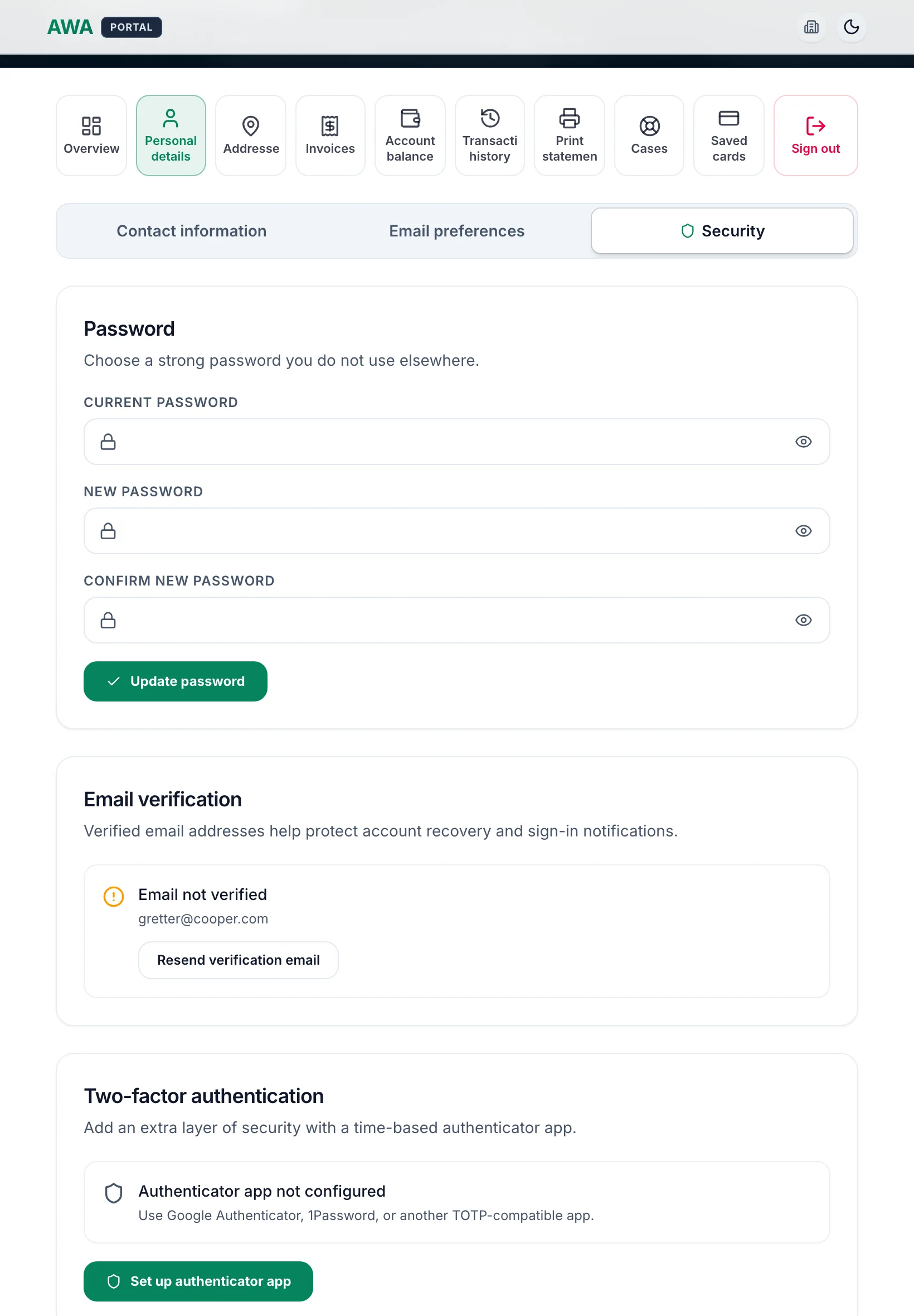 Account security with email verification and authenticator app setup on tablet