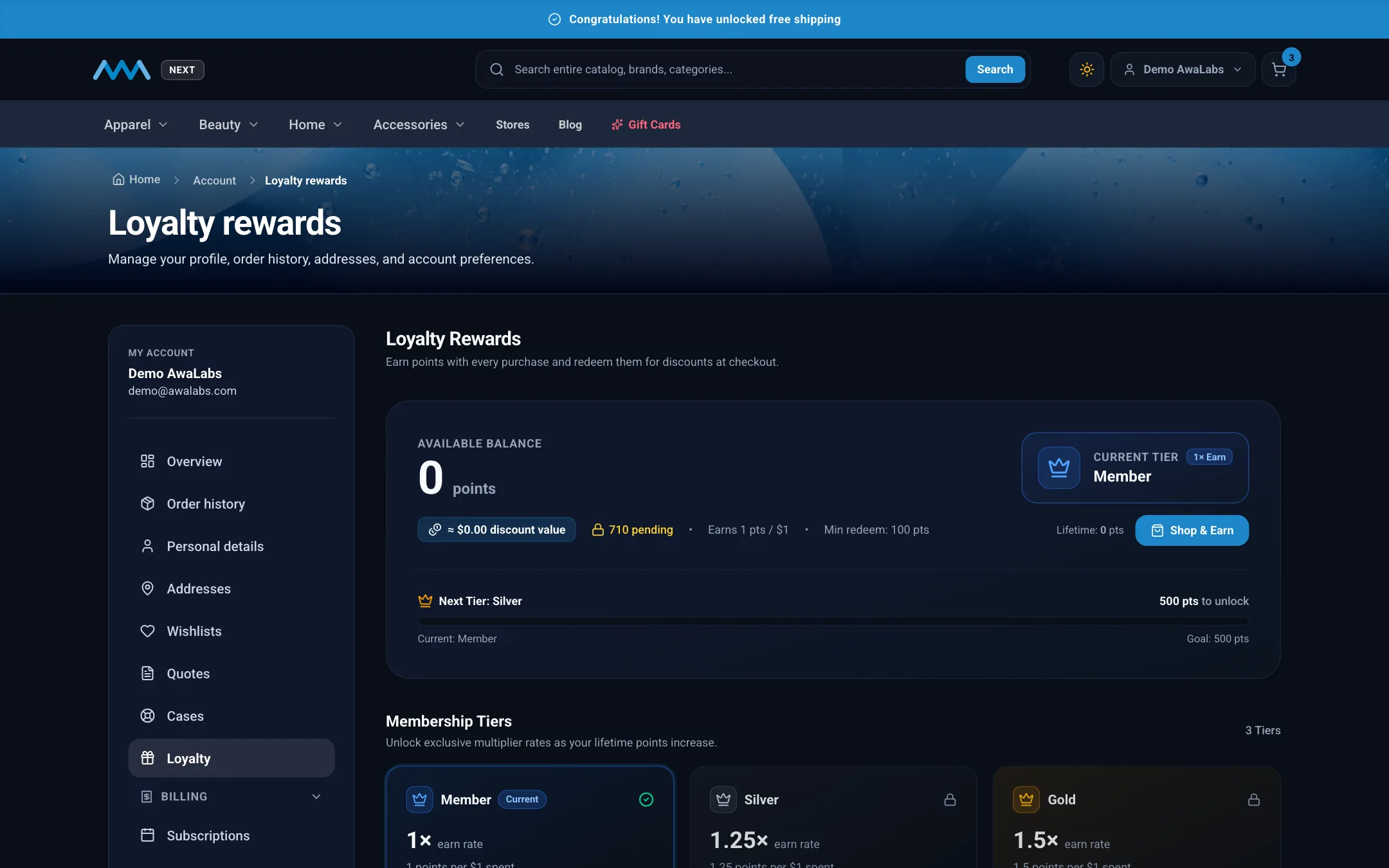 Loyalty points balance in My Account on desktop in dark mode