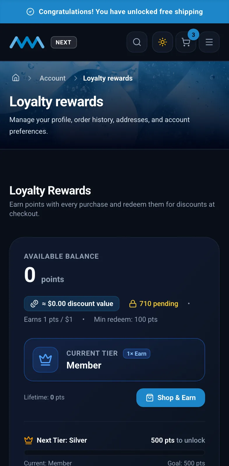 Loyalty points balance in My Account on mobile in dark mode