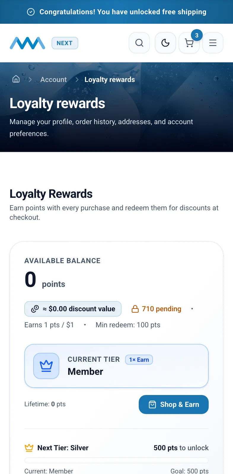 Loyalty points balance in My Account on mobile