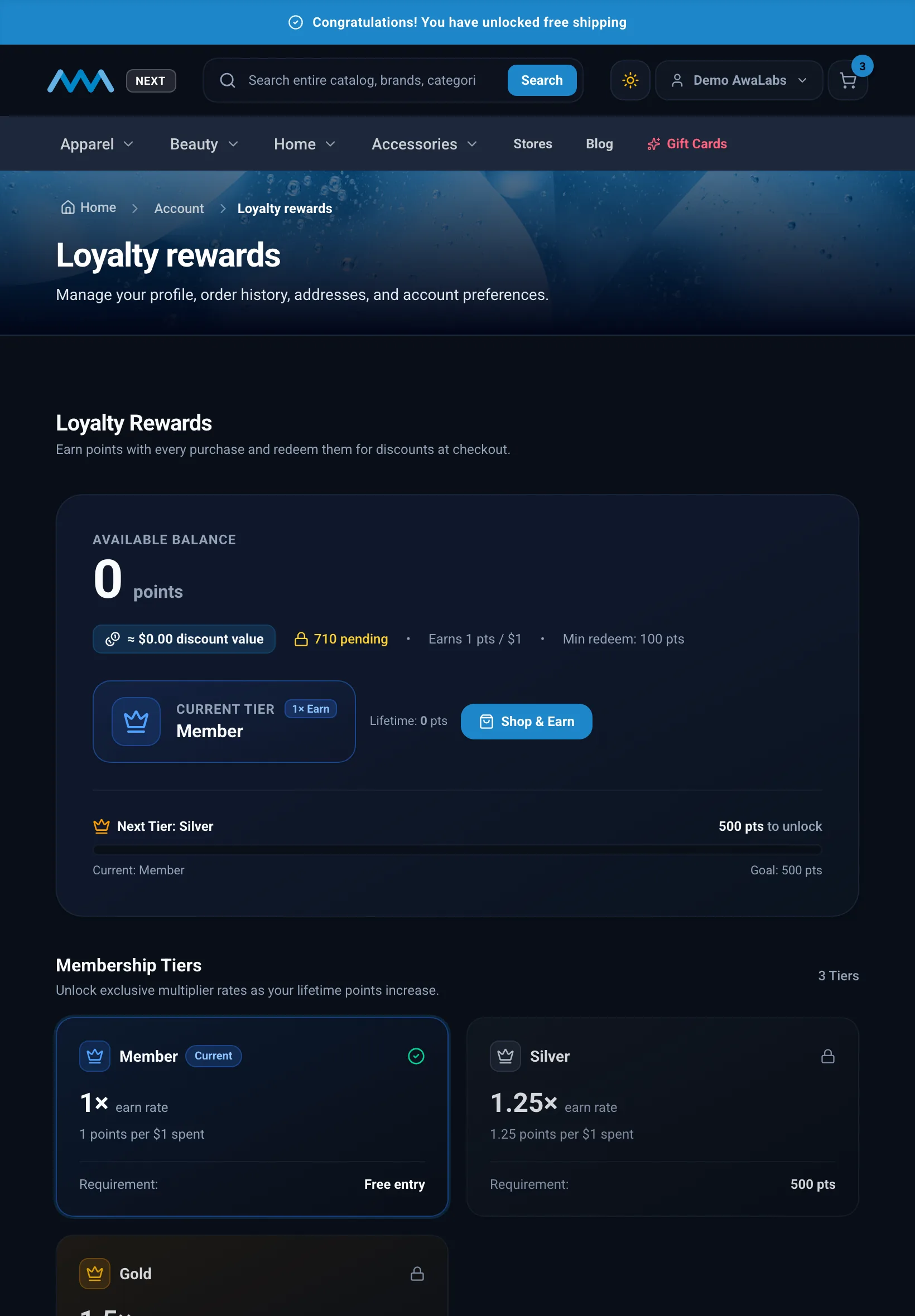 Loyalty points balance in My Account on tablet in dark mode