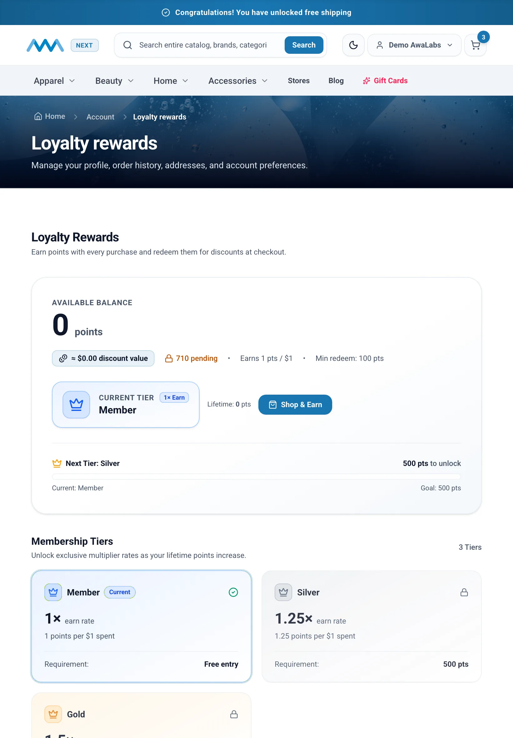 Loyalty points balance in My Account on tablet