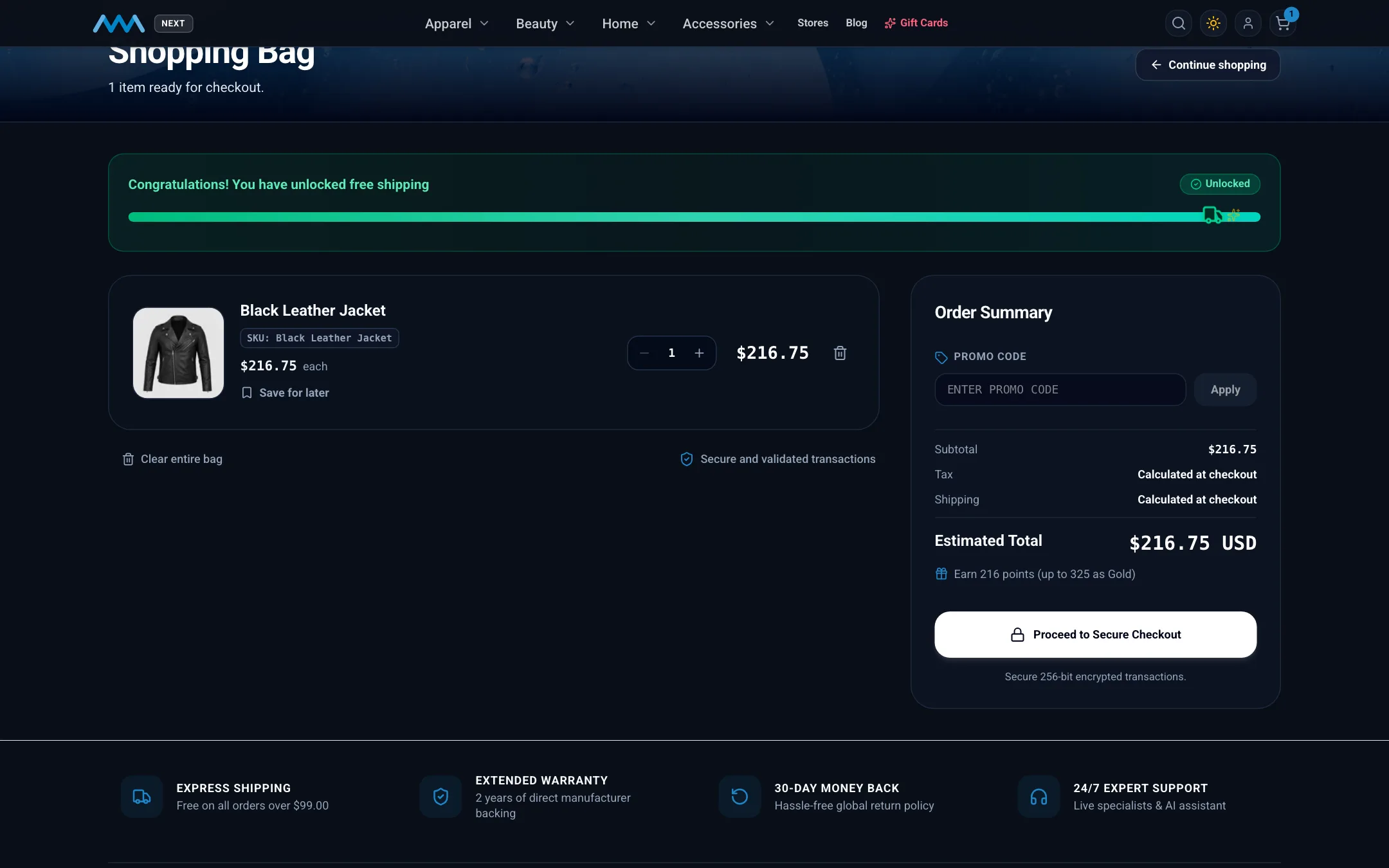 Cart order summary with the promo code field on desktop in dark mode