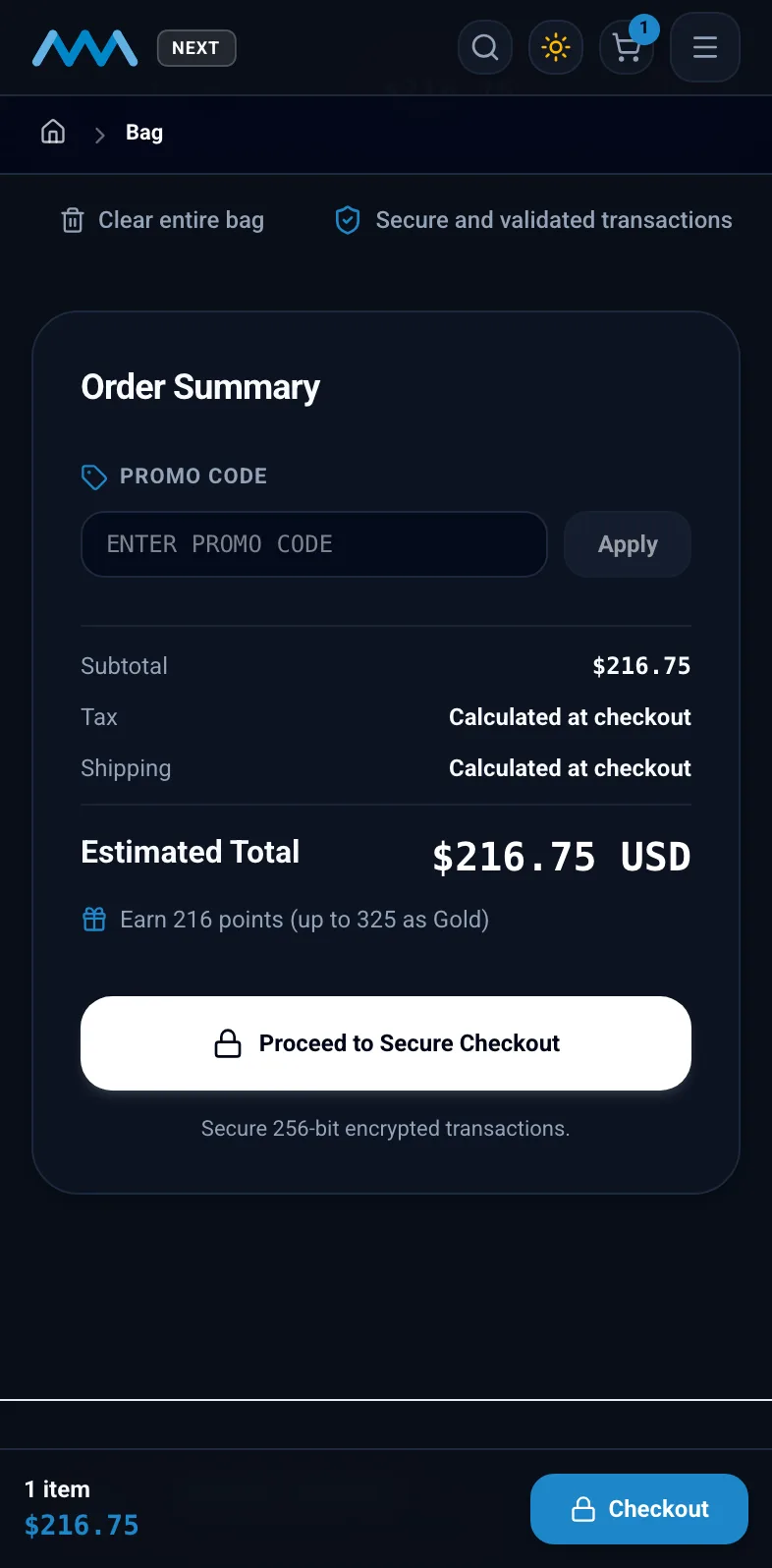 Cart order summary with the promo code field on mobile in dark mode