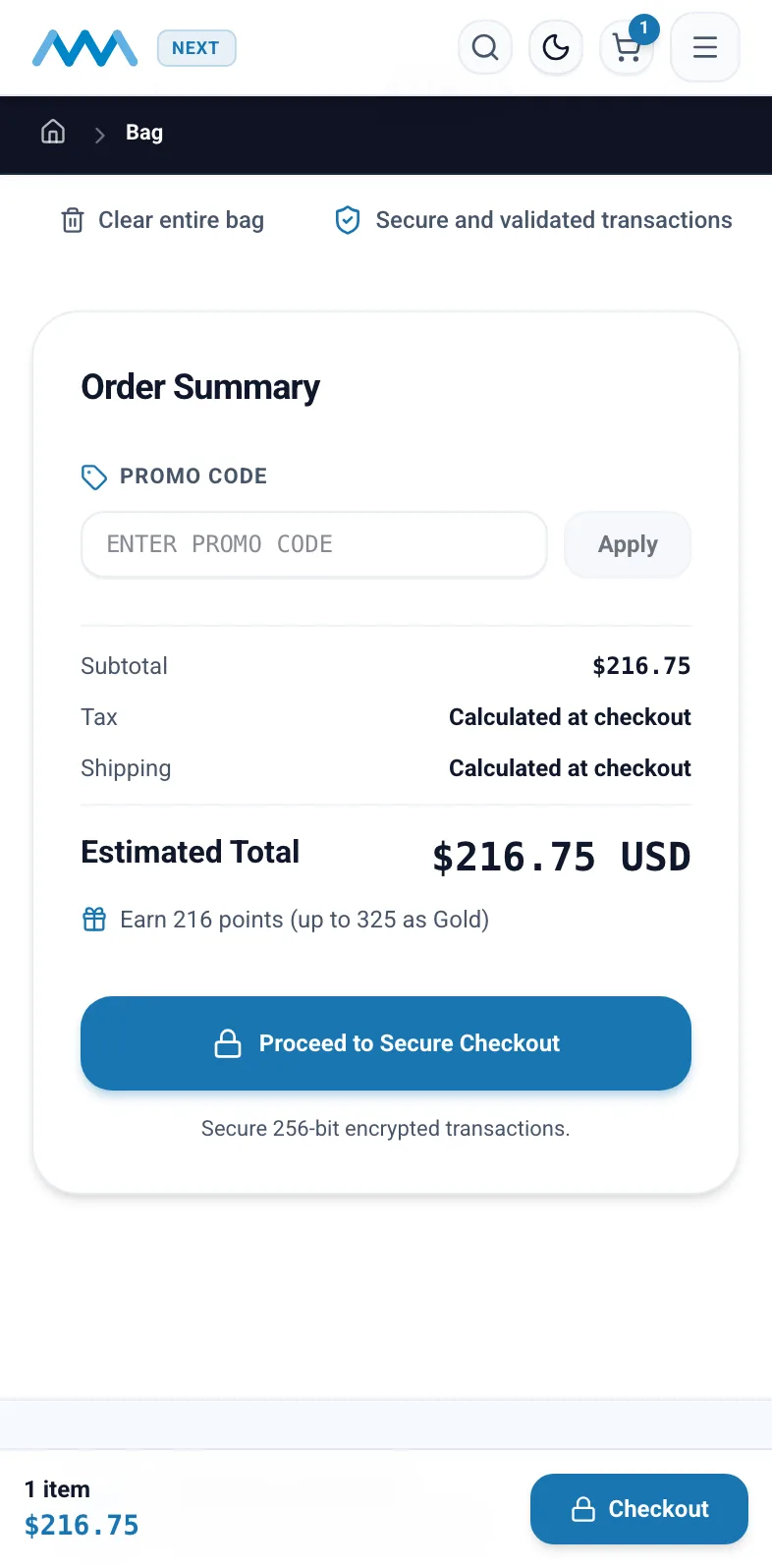 Cart order summary with the promo code field on mobile