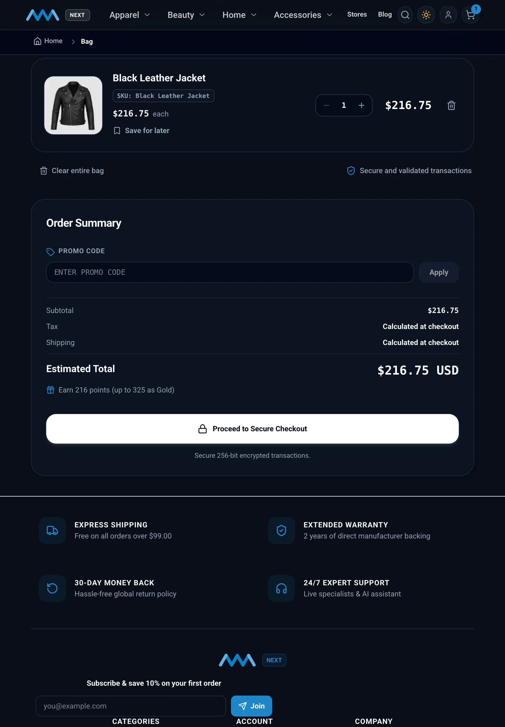 Cart order summary with the promo code field on tablet in dark mode