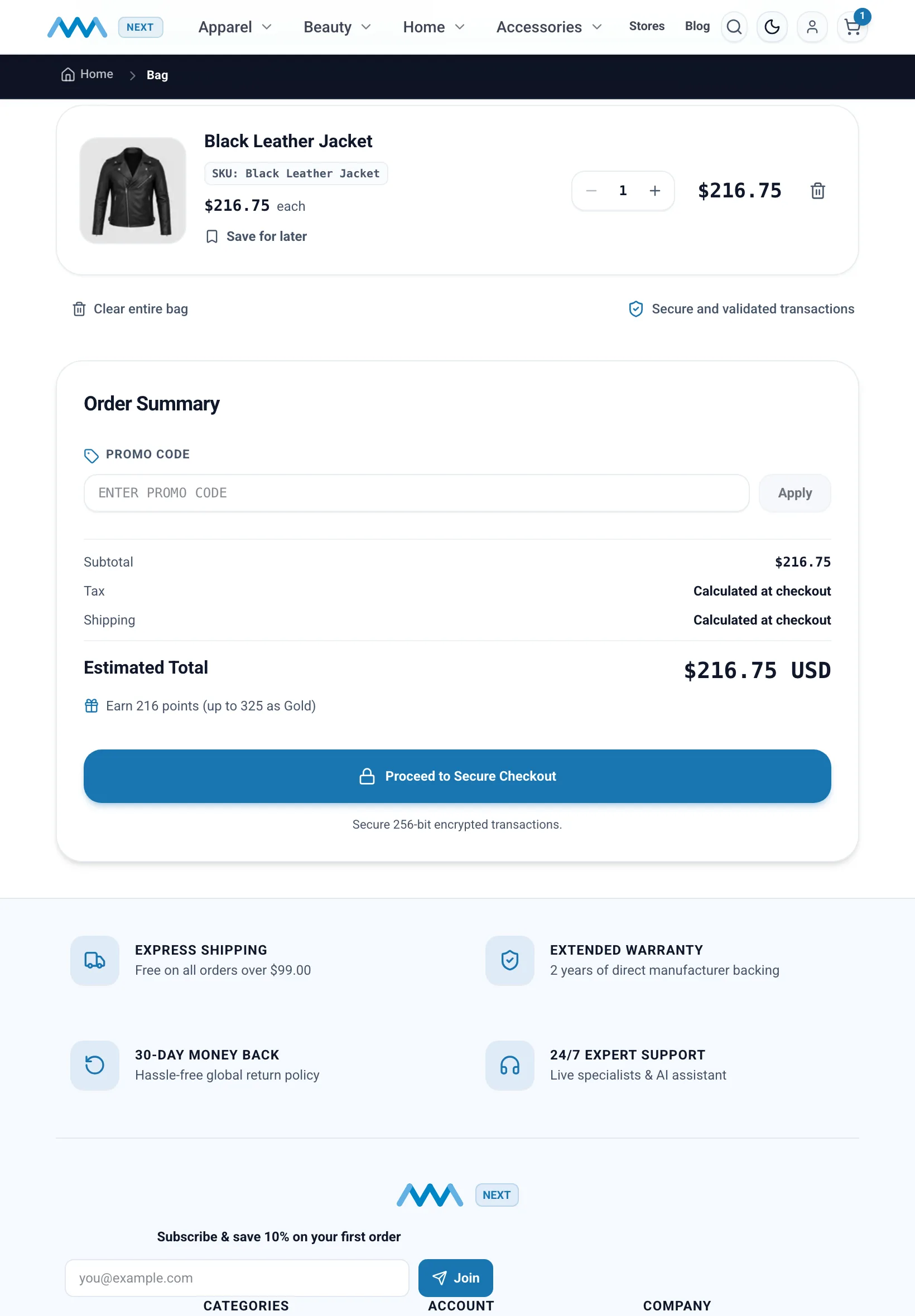 Cart order summary with the promo code field on tablet