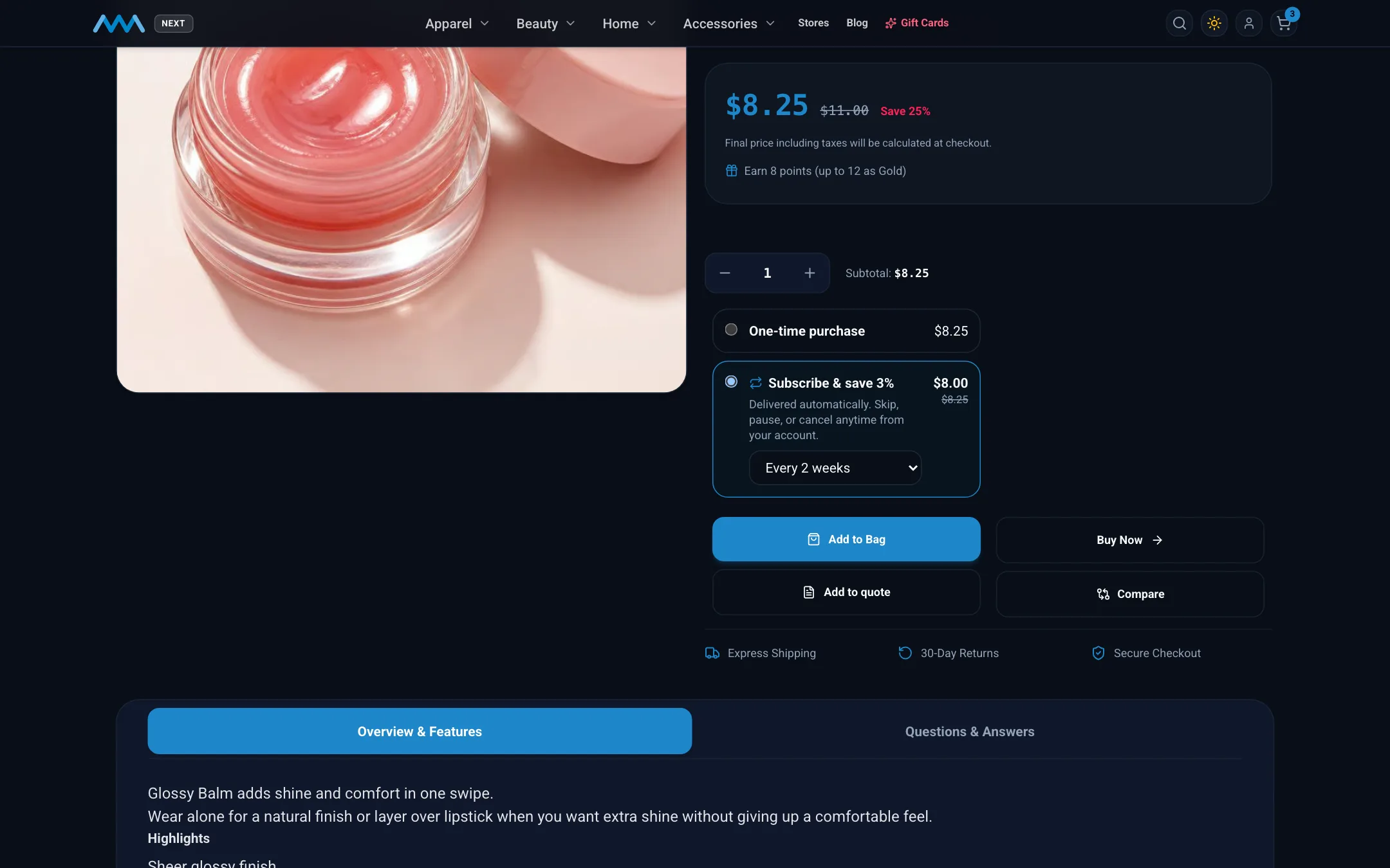 Product page with Subscribe and save selected and a delivery frequency on desktop in dark mode
