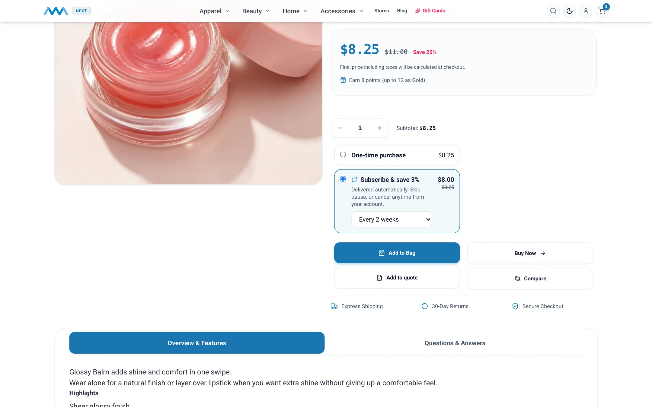 Product page with Subscribe and save selected and a delivery frequency on desktop