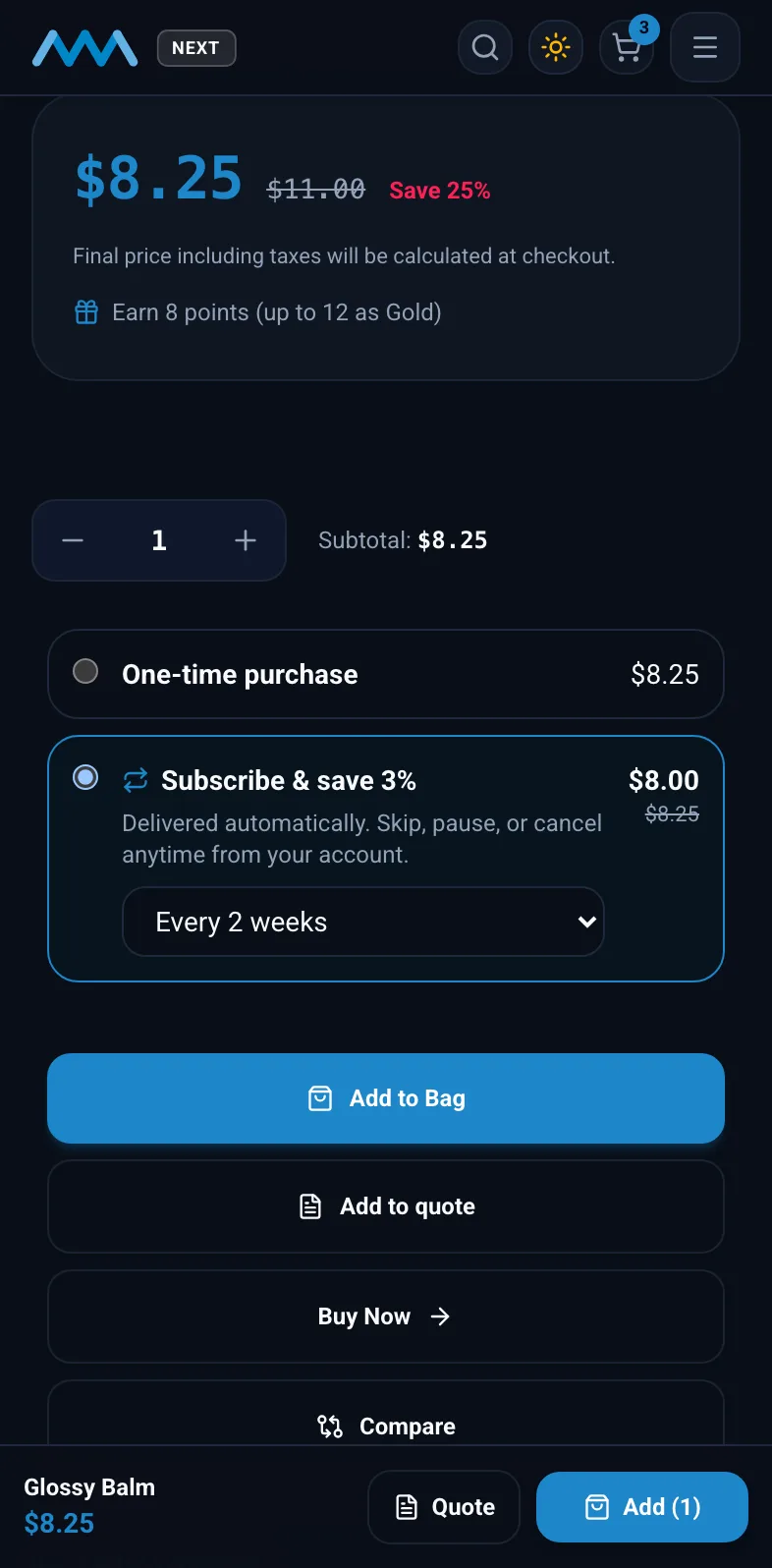 Product page with Subscribe and save selected and a delivery frequency on mobile in dark mode
