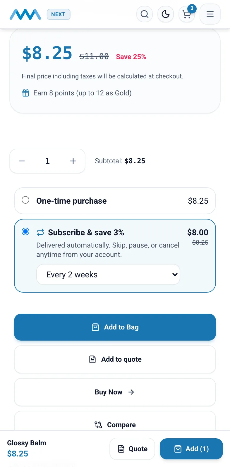Product page with Subscribe and save selected and a delivery frequency on mobile