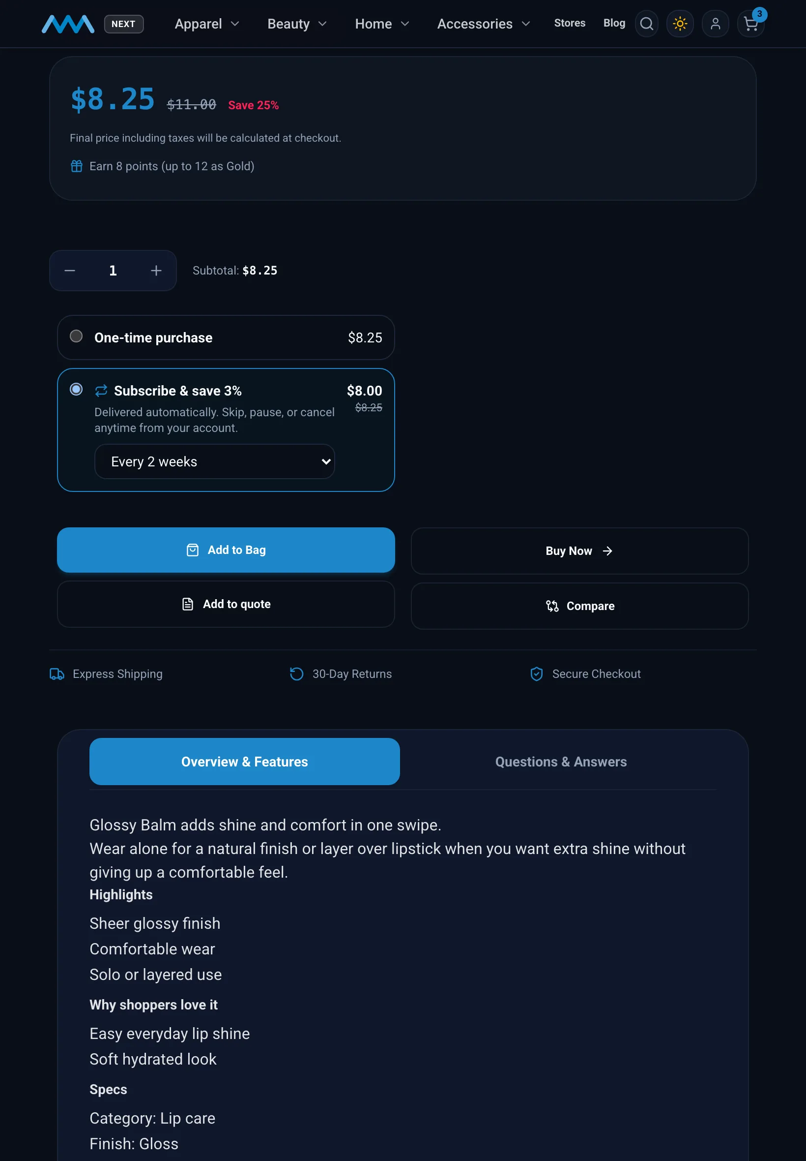 Product page with Subscribe and save selected and a delivery frequency on tablet in dark mode