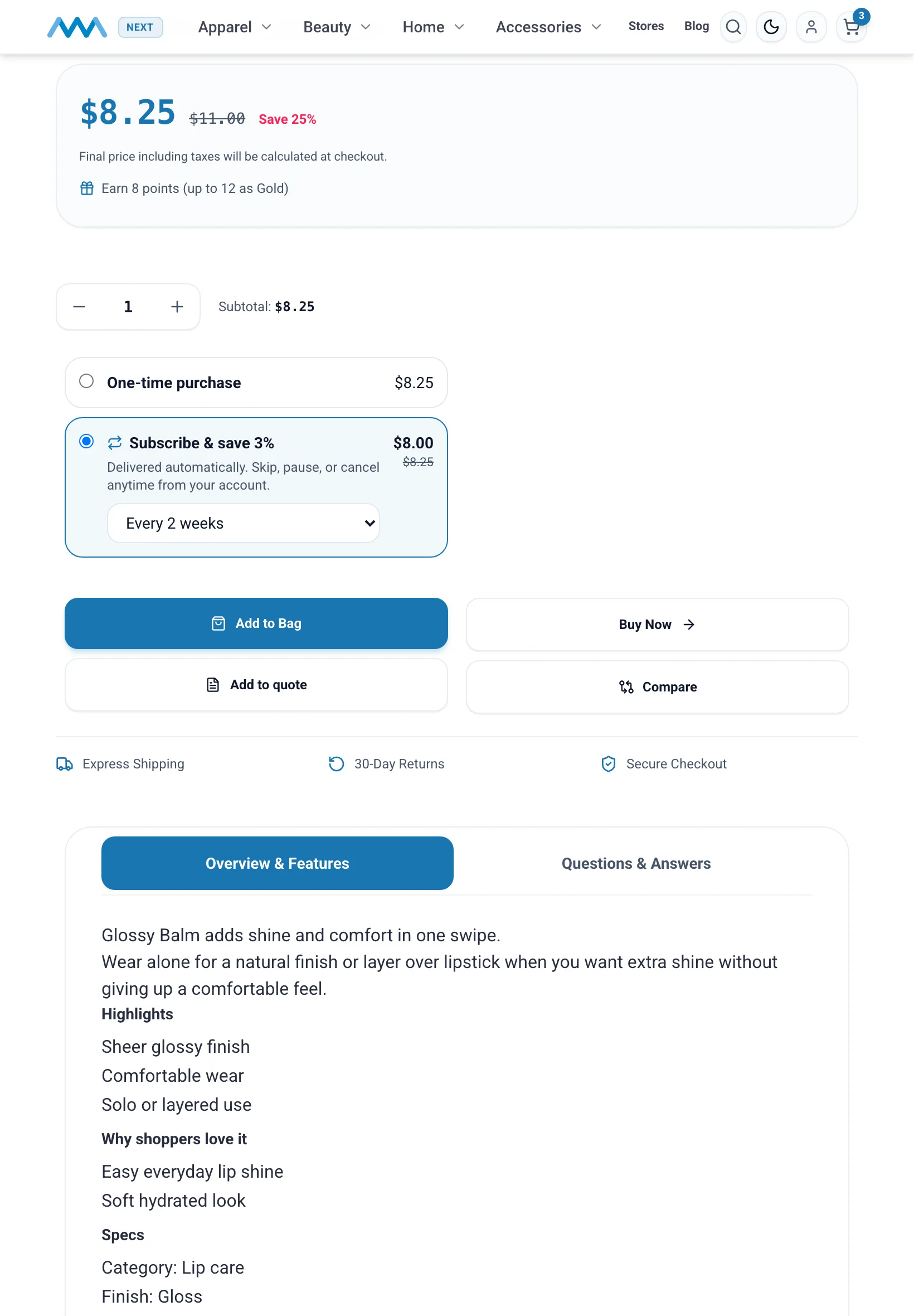 Product page with Subscribe and save selected and a delivery frequency on tablet