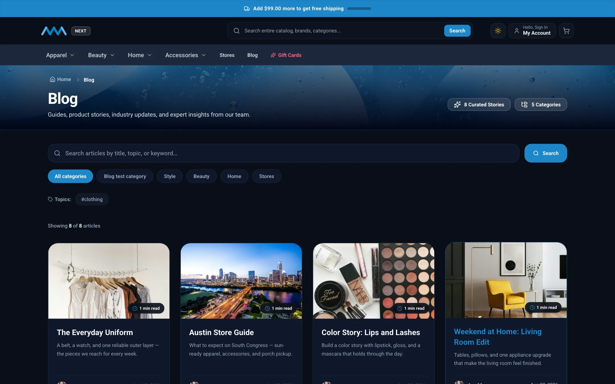 Storefront blog on desktop in dark mode