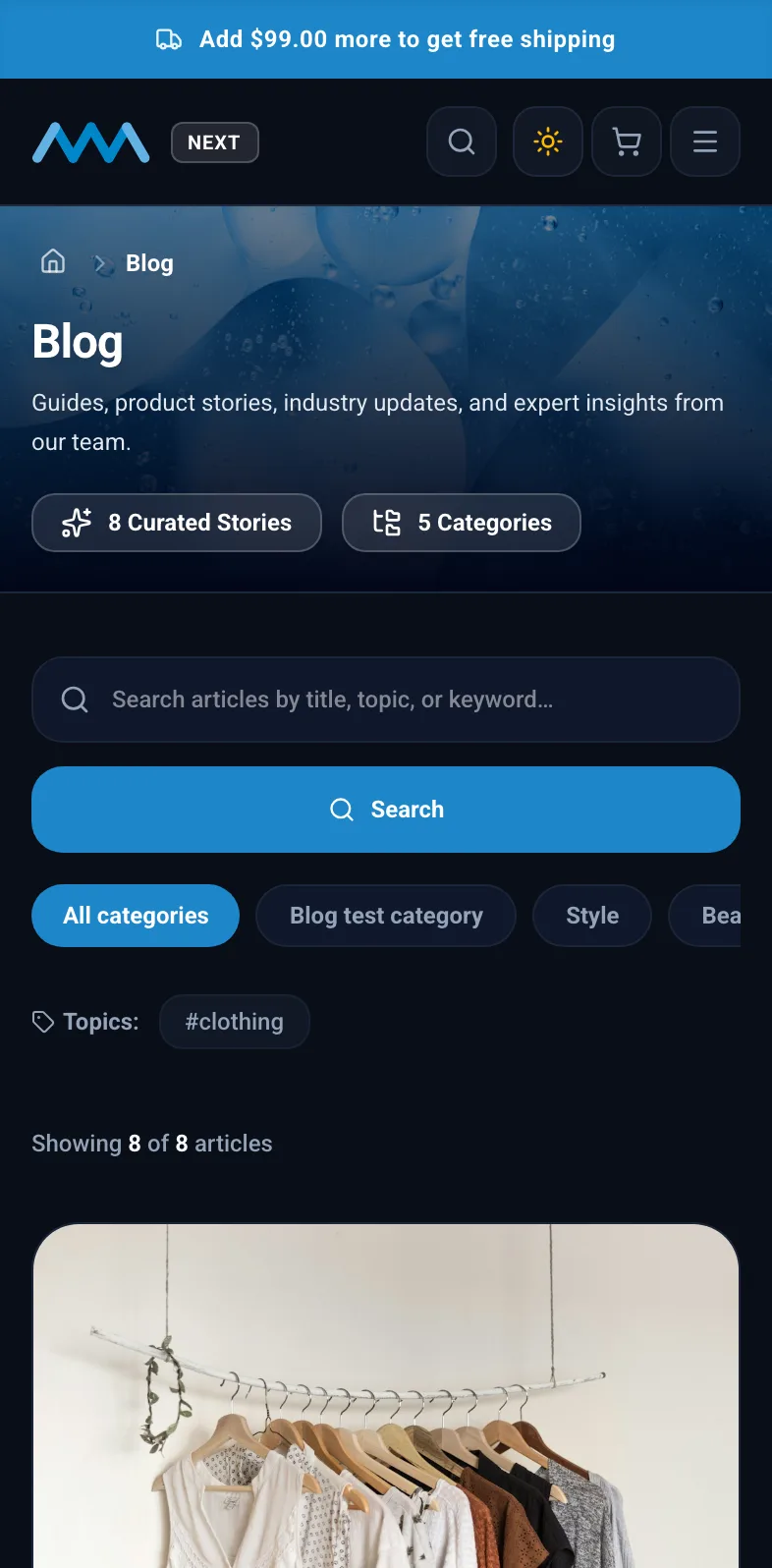 Storefront blog on mobile in dark mode